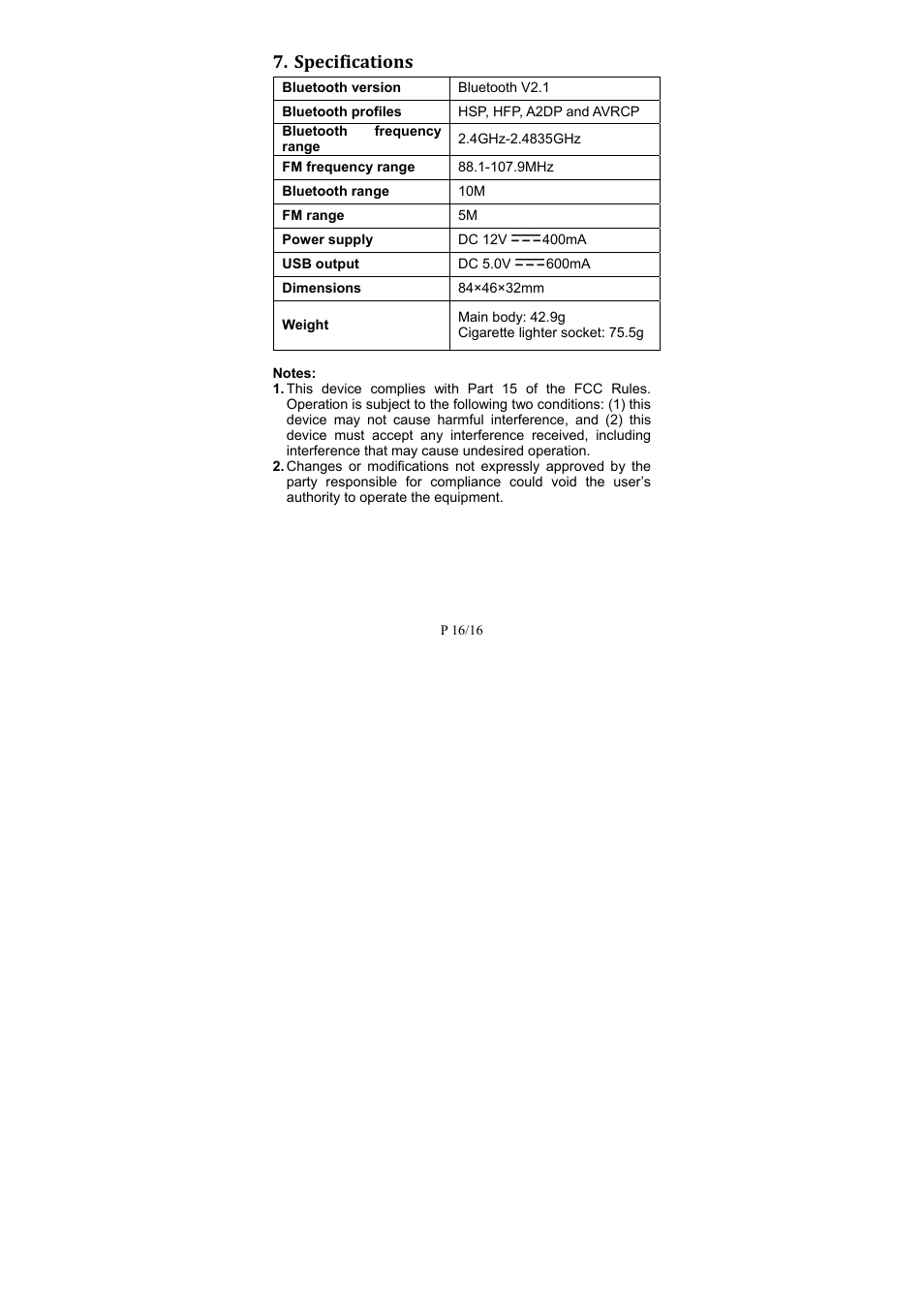 Specifications | Kinivo BTC8 Bluetooth FM Transmitter User Manual | Page 18 / 18