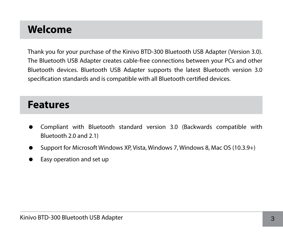 Welcome, Features | Kinivo BTD-300 Bluetooth 3.0 USB Adapter EN User Manual | Page 3 / 8