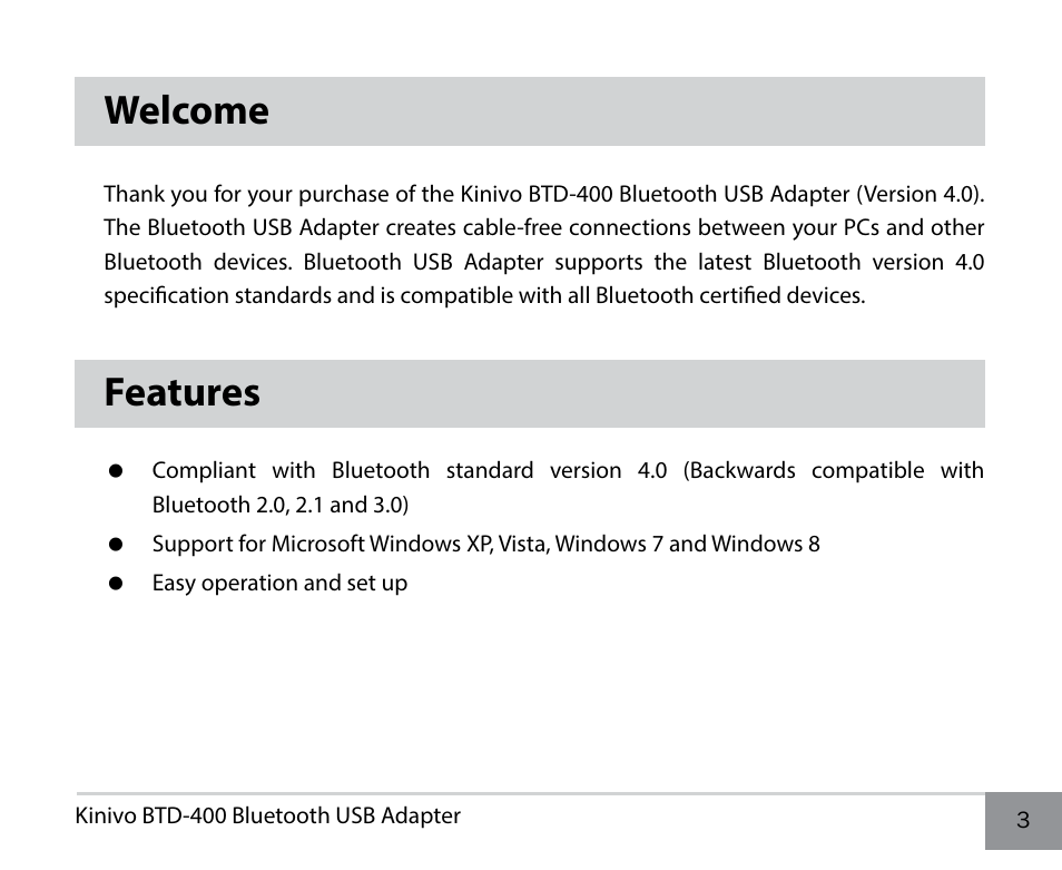 Welcome, Features | Kinivo BTD-400 Bluetooth 4.0 USB adapter EN User Manual | Page 3 / 8