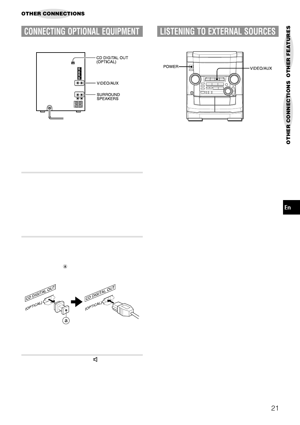 Connecting optional equipment, Listening to external sources | Aiwa NSX-AJ50 User Manual | Page 21 / 68