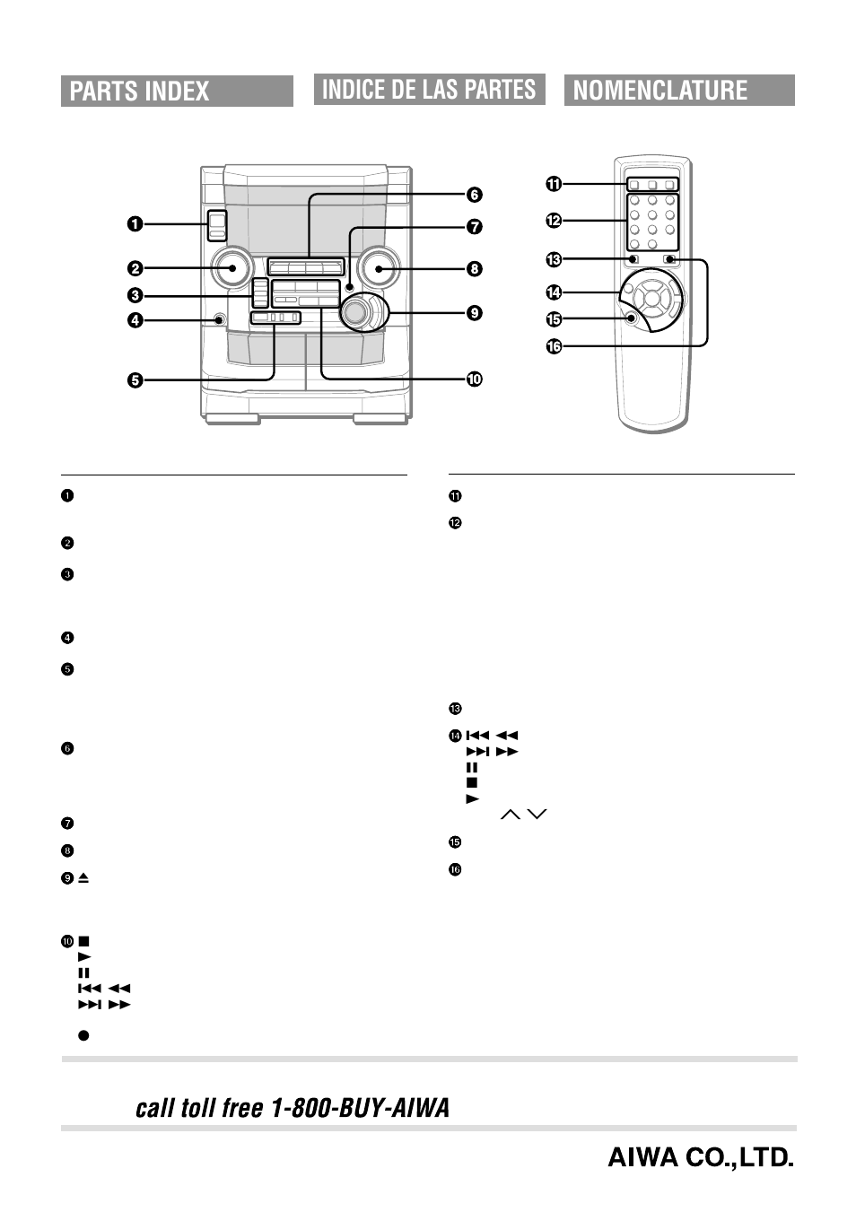 Indice de las partes, Parts index nomenclature, For assistance and information | United states and puerto rico) | Aiwa NSX-AJ50 User Manual | Page 24 / 68