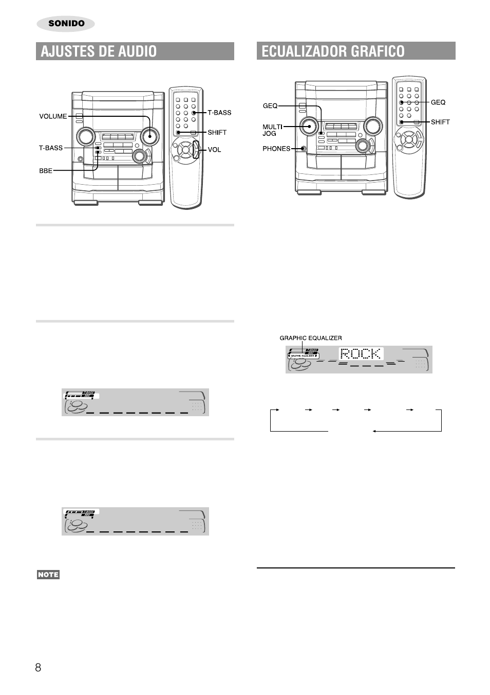 Ajustes de audio, Ecualizador grafico, Control de volumen | Sistema bbe, Sistema super t-bass | Aiwa NSX-AJ50 User Manual | Page 31 / 68