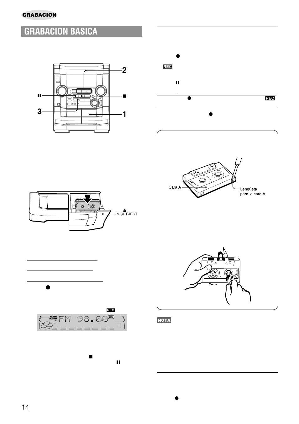 Grabacion basica, Insercion de espacios sin grabar | Aiwa NSX-AJ50 User Manual | Page 37 / 68