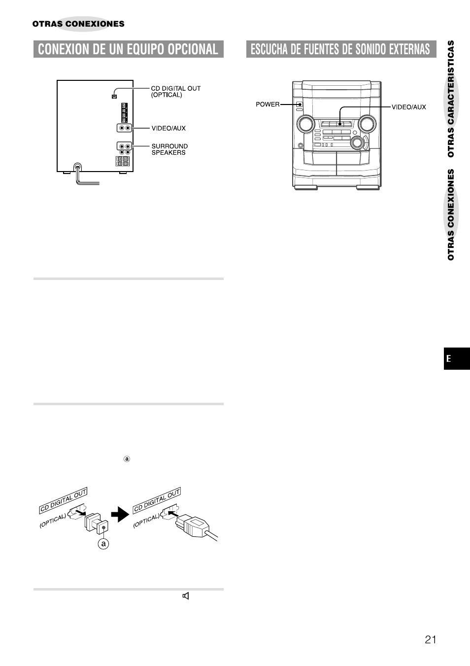 Conexion de un equipo opcional, Escucha de fuentes de sonido externas | Aiwa NSX-AJ50 User Manual | Page 44 / 68