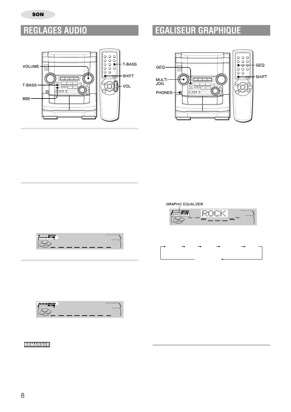 Reglages audio, Egaliseur graphique, Volume | Systeme bbe, Systeme super t-bass | Aiwa NSX-AJ50 User Manual | Page 53 / 68