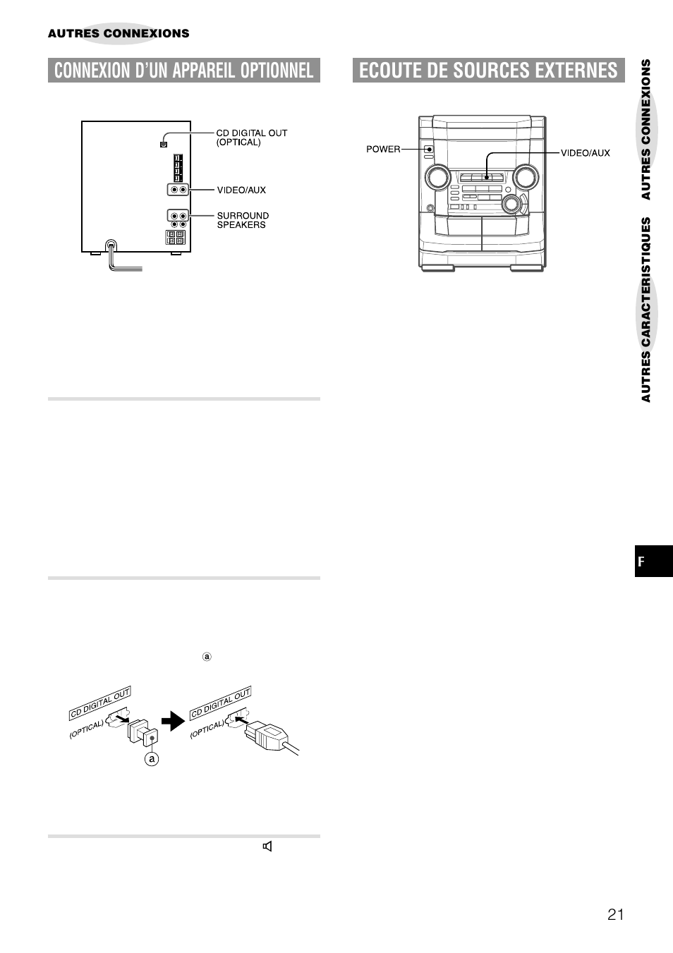 Connexion d’un appareil optionnel, Ecoute de sources externes | Aiwa NSX-AJ50 User Manual | Page 66 / 68