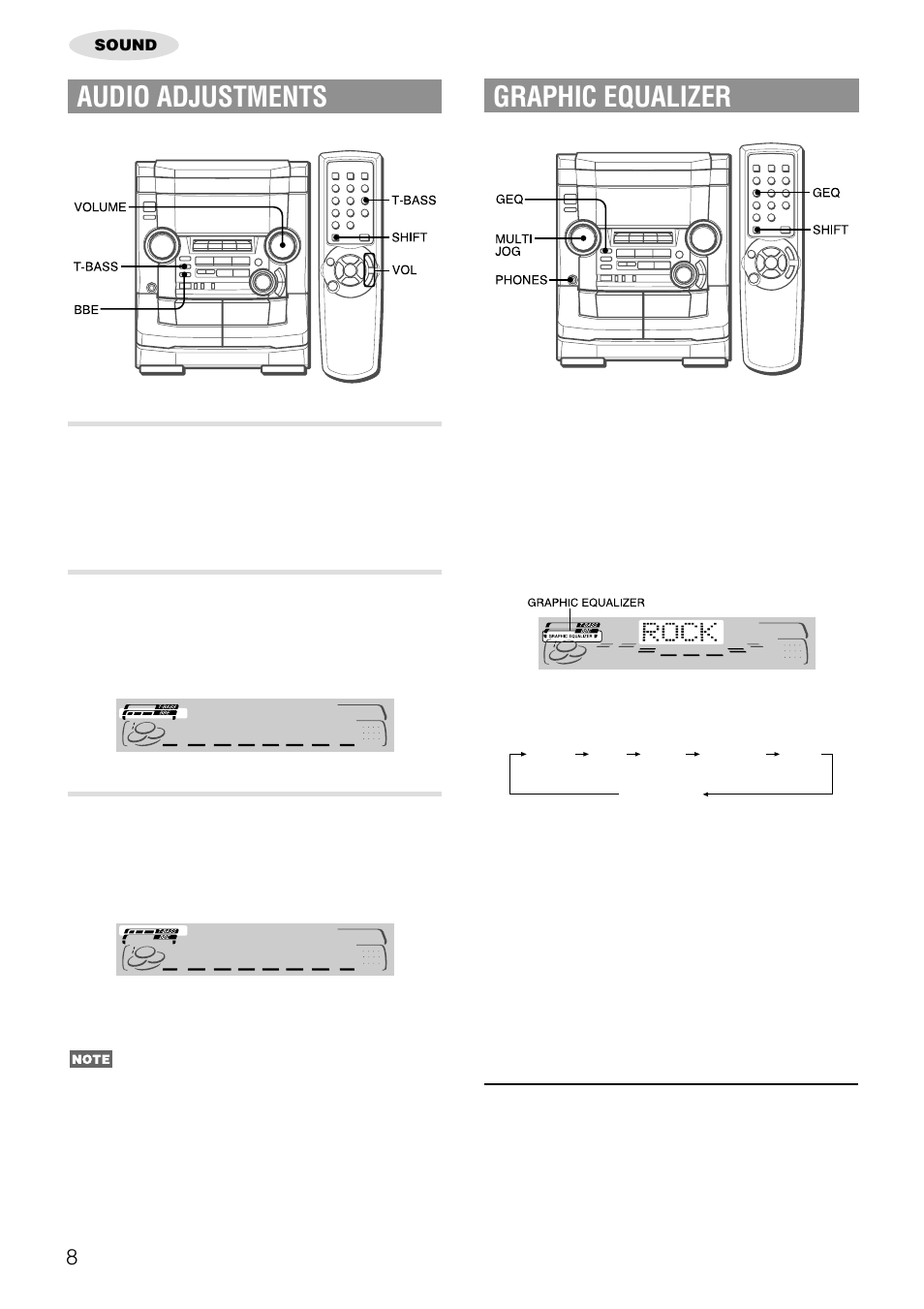 Audio adjustments, Graphic equalizer, Volume | Bbe system, Super t-bass system | Aiwa NSX-AJ50 User Manual | Page 8 / 68