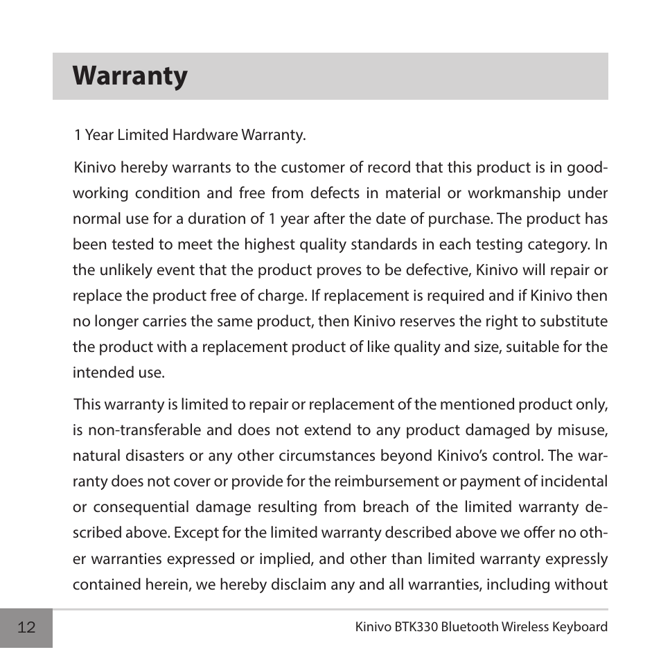 Warranty | Kinivo BTK330 Bluetooth Wireless Keyboard User Manual | Page 12 / 14