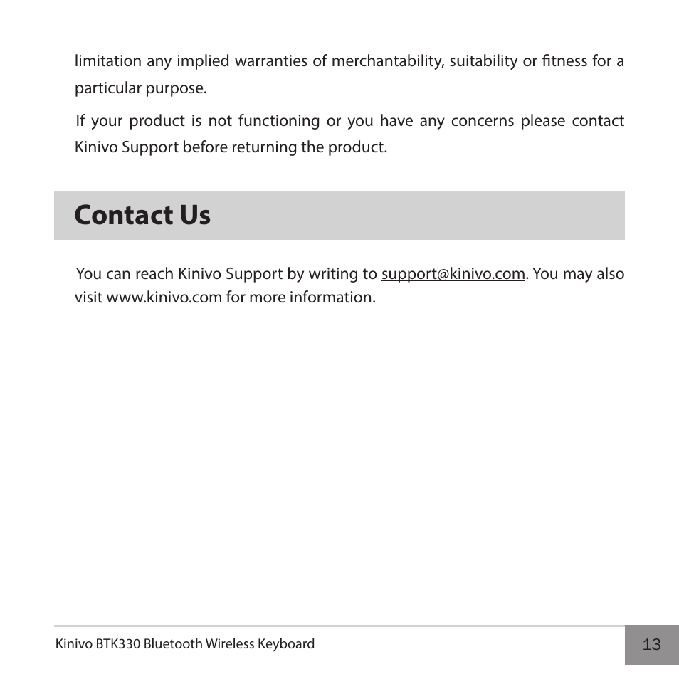 Contact us | Kinivo BTK330 Bluetooth Wireless Keyboard User Manual | Page 13 / 14