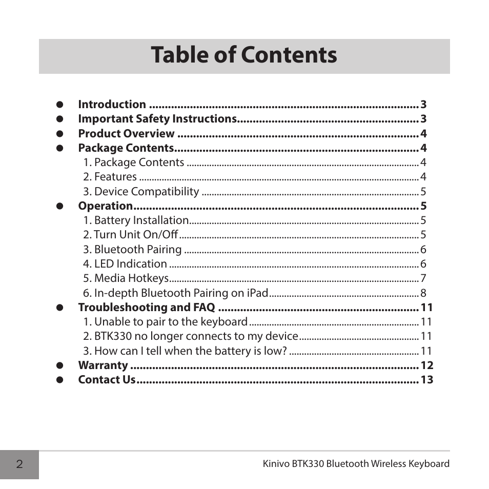 Kinivo BTK330 Bluetooth Wireless Keyboard User Manual | Page 2 / 14
