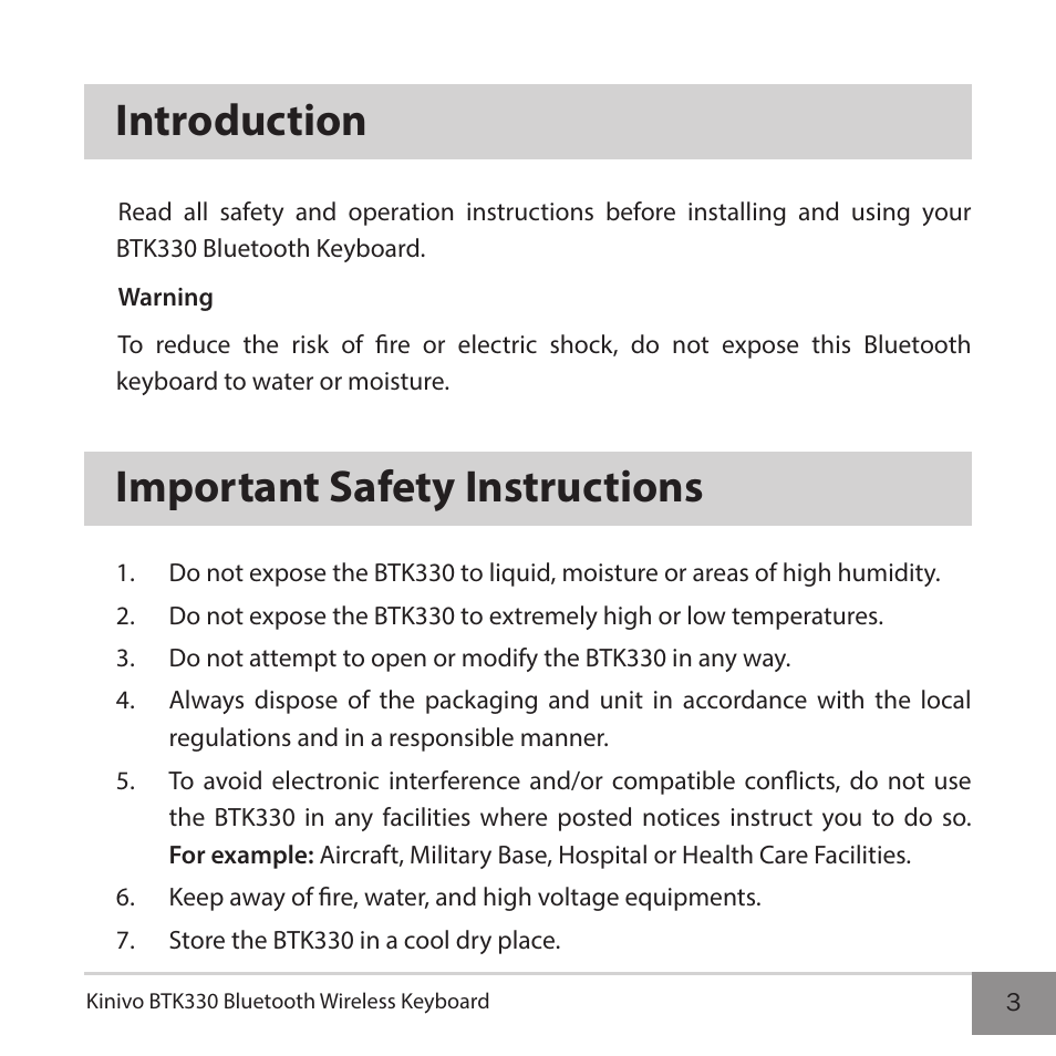 Introduction, Important safety instructions | Kinivo BTK330 Bluetooth Wireless Keyboard User Manual | Page 3 / 14