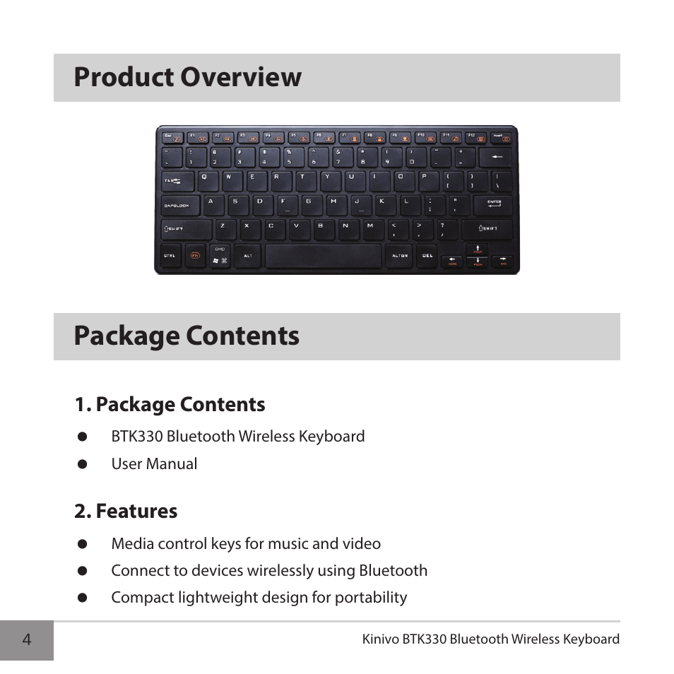 Product overview package contents, Package contents, Features | Kinivo BTK330 Bluetooth Wireless Keyboard User Manual | Page 4 / 14