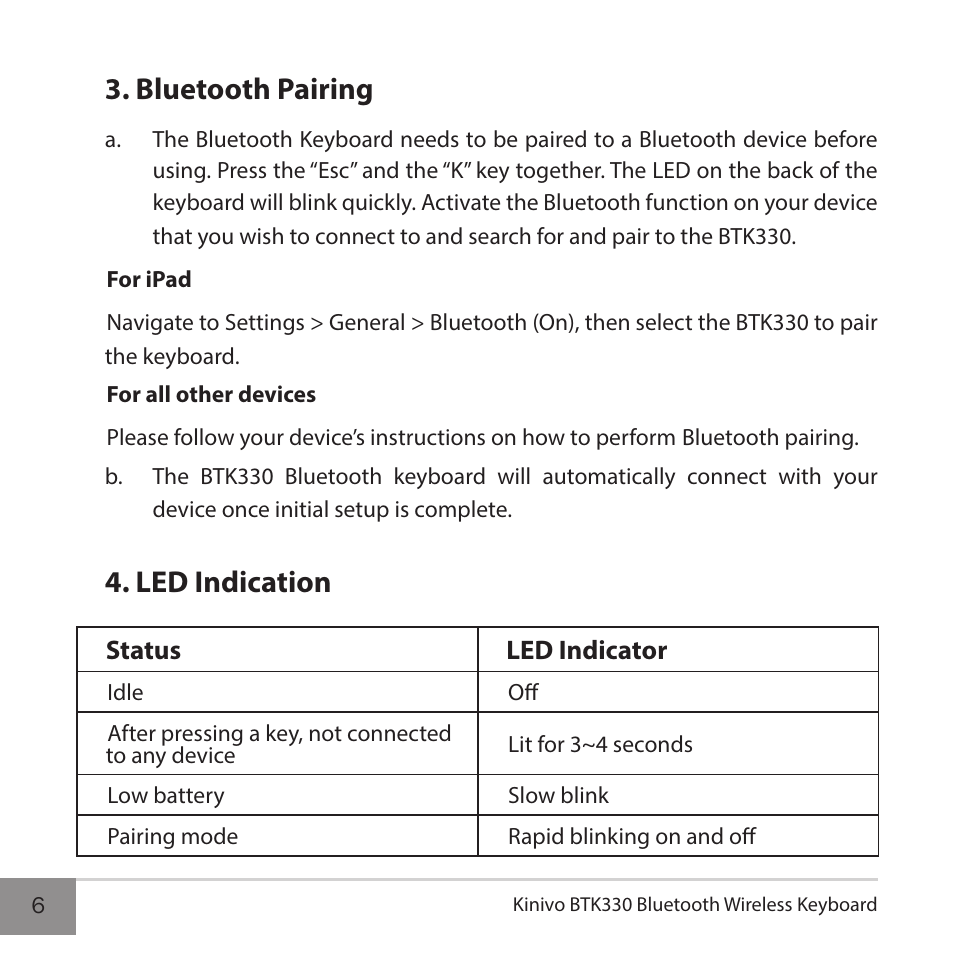 Bluetooth pairing, Led indication | Kinivo BTK330 Bluetooth Wireless Keyboard User Manual | Page 6 / 14