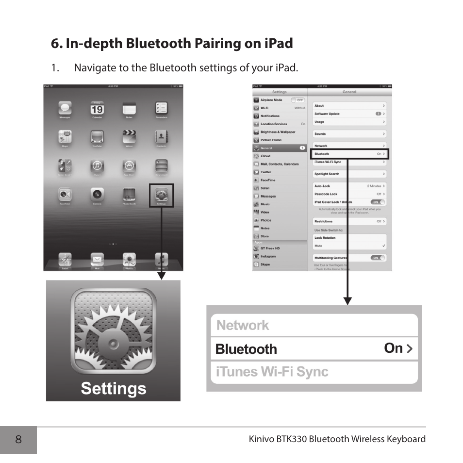 In-depth bluetooth pairing on ipad | Kinivo BTK330 Bluetooth Wireless Keyboard User Manual | Page 8 / 14