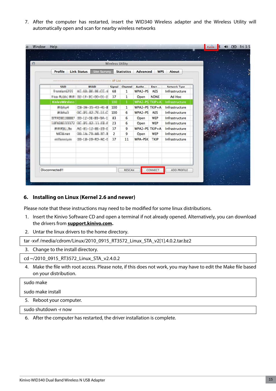 Installing on linux (kernel 2.6 and newer) | Kinivo WID340 300 Mbps Dual Band Wireless N USB Adapter User Manual | Page 15 / 20
