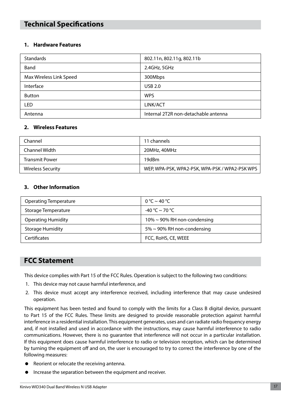 Technical specifications, Hardware features, Wireless features | Other information, Fcc statement | Kinivo WID340 300 Mbps Dual Band Wireless N USB Adapter User Manual | Page 17 / 20