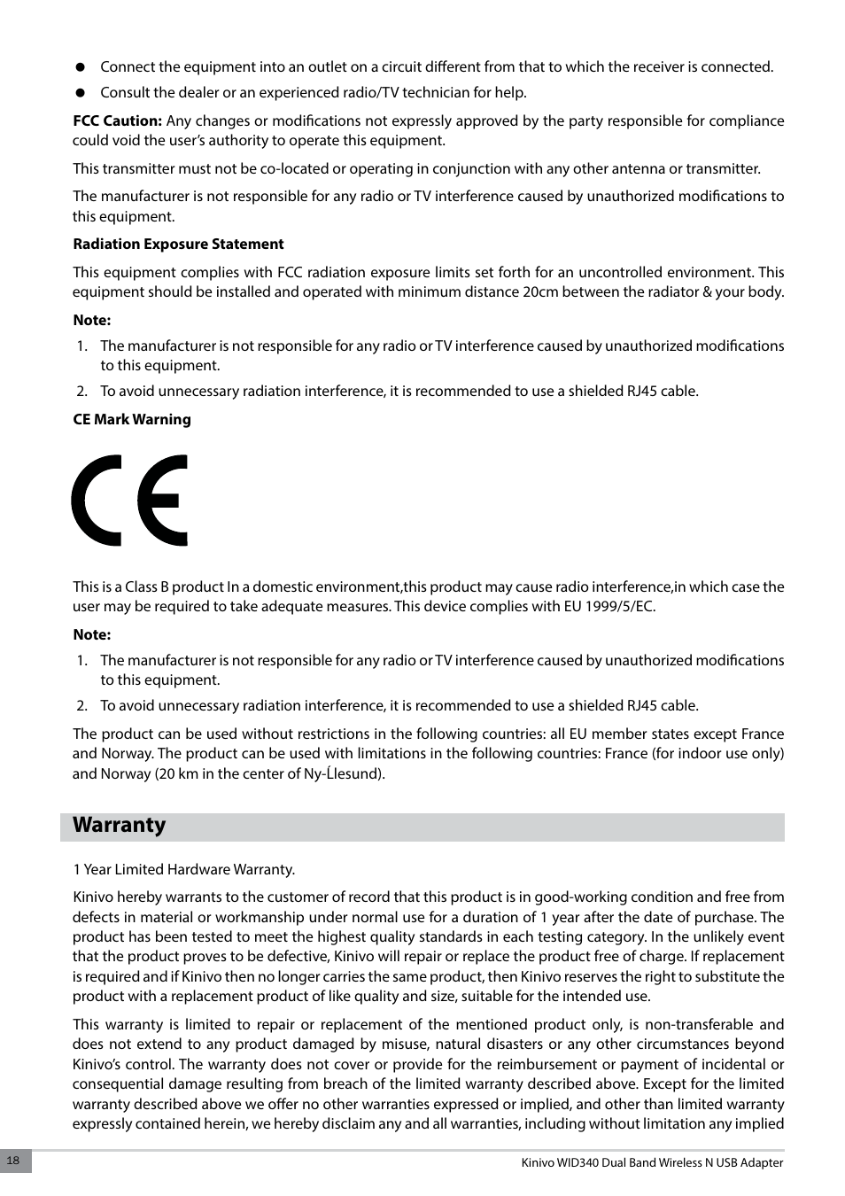 Warranty | Kinivo WID340 300 Mbps Dual Band Wireless N USB Adapter User Manual | Page 18 / 20