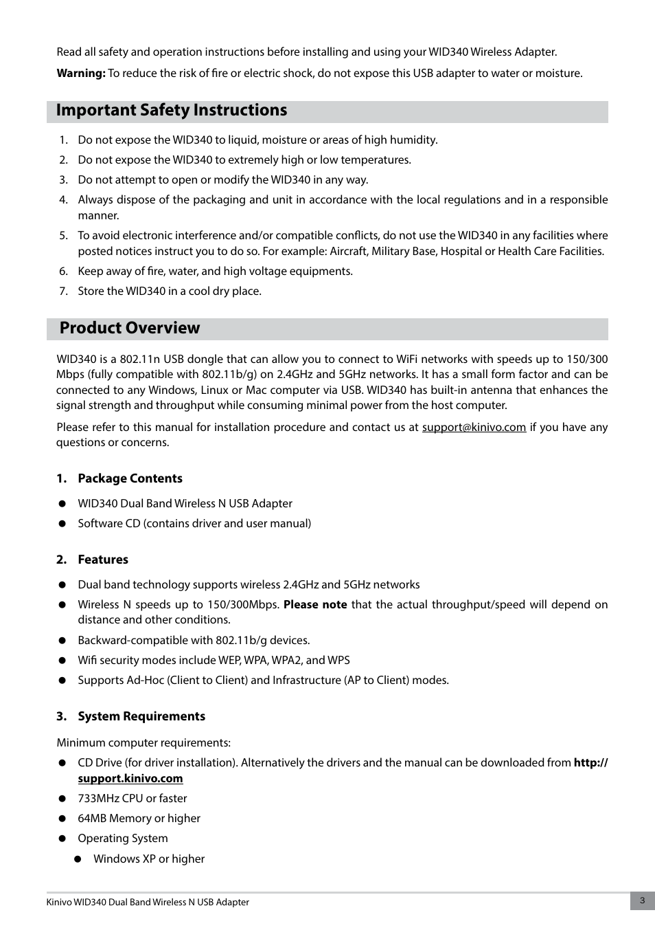 Important safety instructions, Product overview, Package contents | Features, System requirements | Kinivo WID340 300 Mbps Dual Band Wireless N USB Adapter User Manual | Page 3 / 20