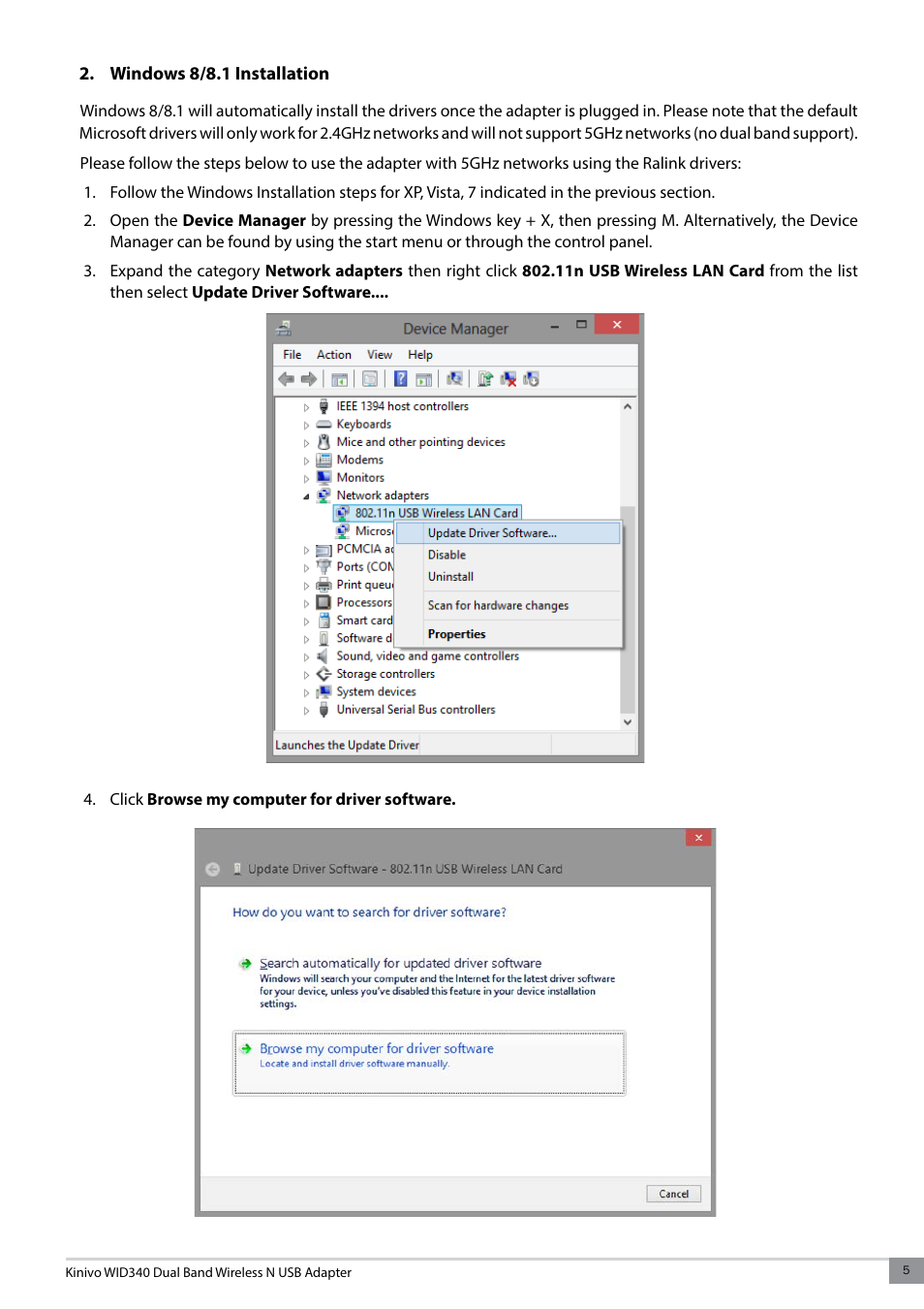 Windows 8/8.1 installation | Kinivo WID340 300 Mbps Dual Band Wireless N USB Adapter User Manual | Page 5 / 20