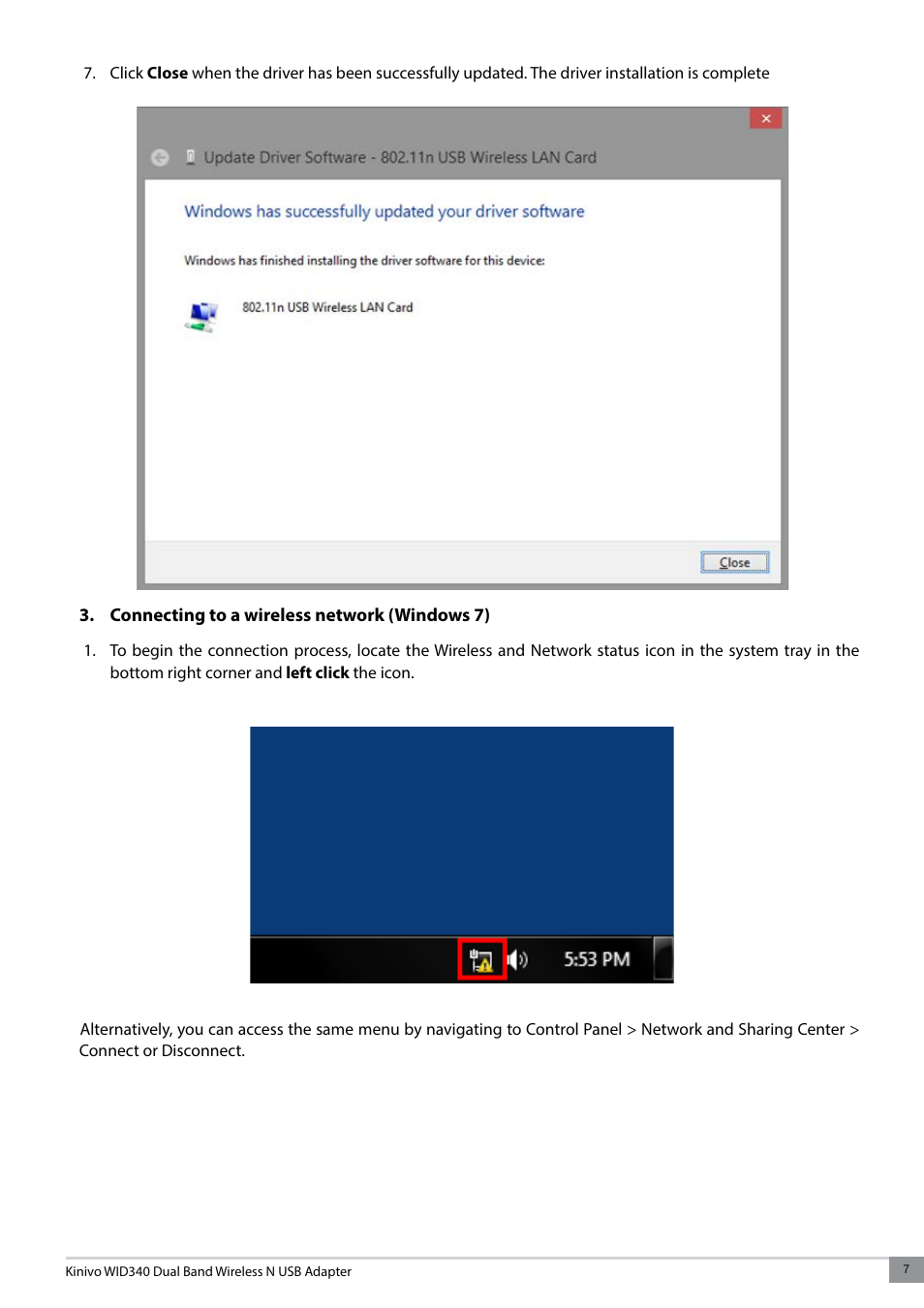 Connecting to a wireless network (windows 7) | Kinivo WID340 300 Mbps Dual Band Wireless N USB Adapter User Manual | Page 7 / 20