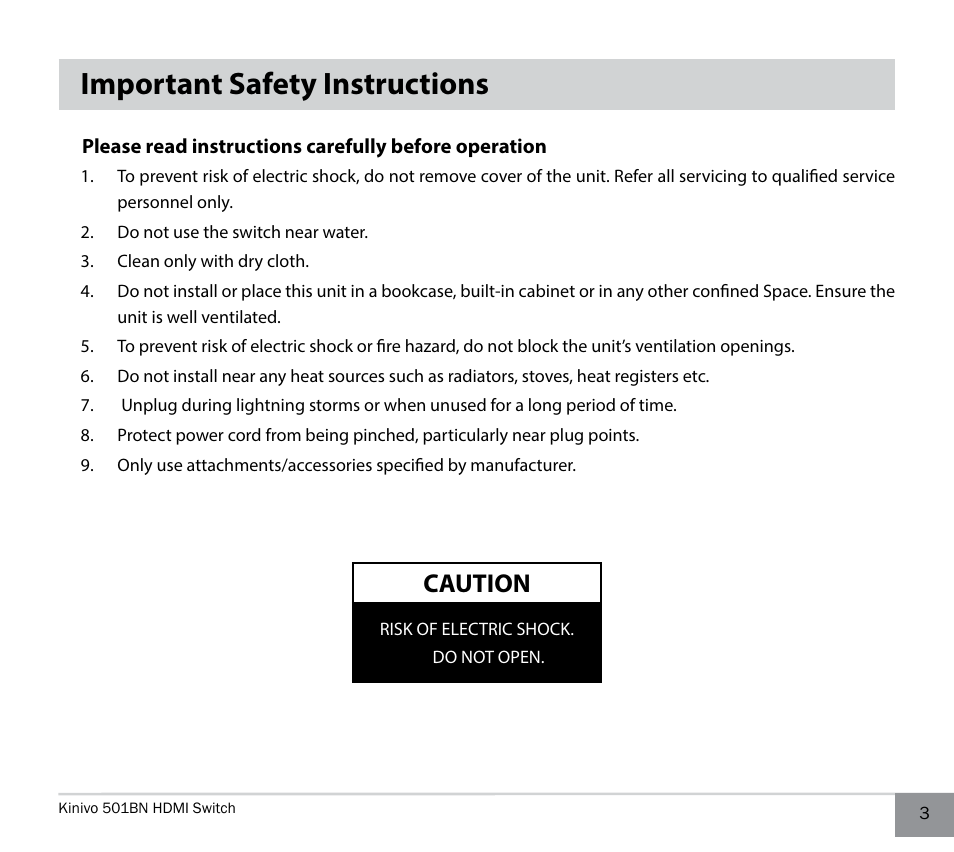 Important safety instructions, Caution | Kinivo 501BN Premium 5 port HDMI switch EN User Manual | Page 3 / 16