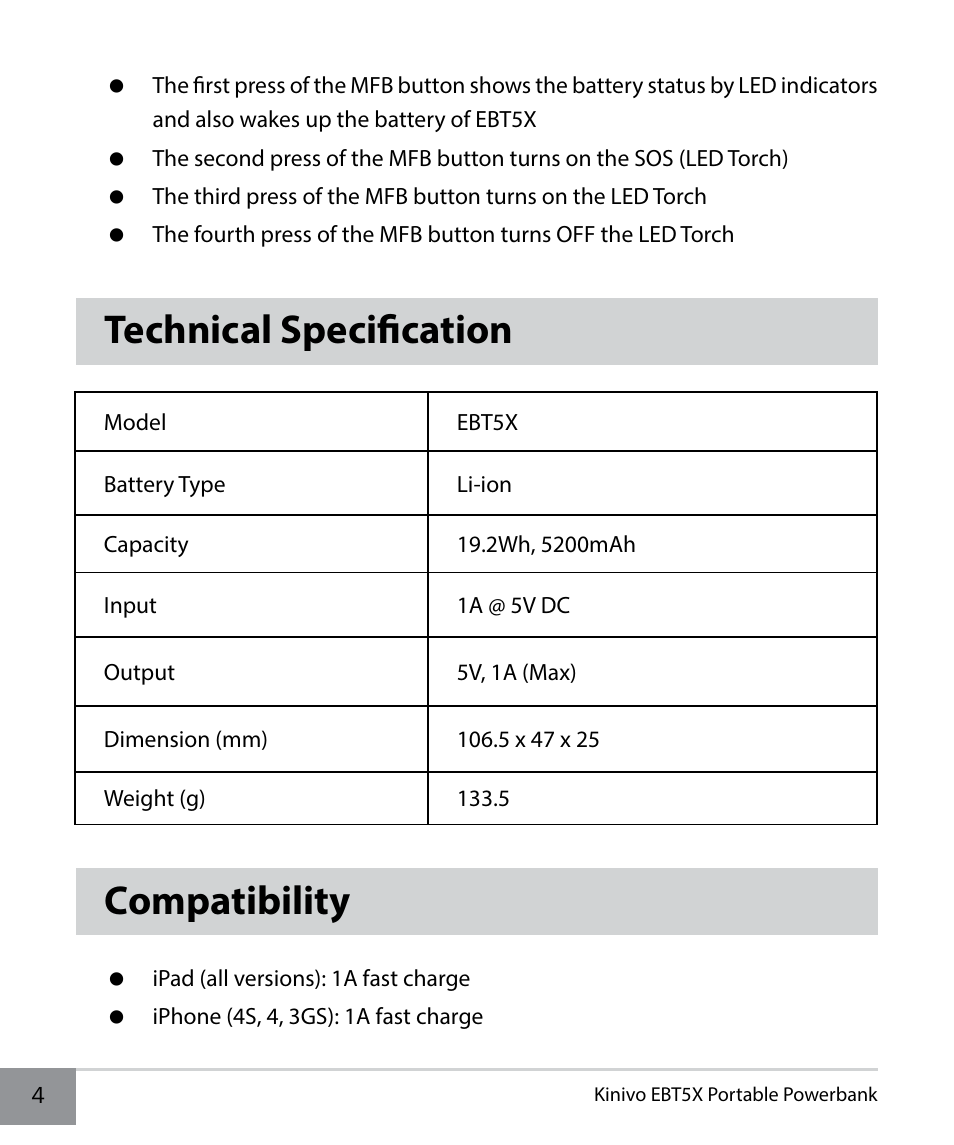 Technical specification, Compatibility, Technical specification compatibility | Kinivo EBT5X Portable Powerbank EN User Manual | Page 4 / 10