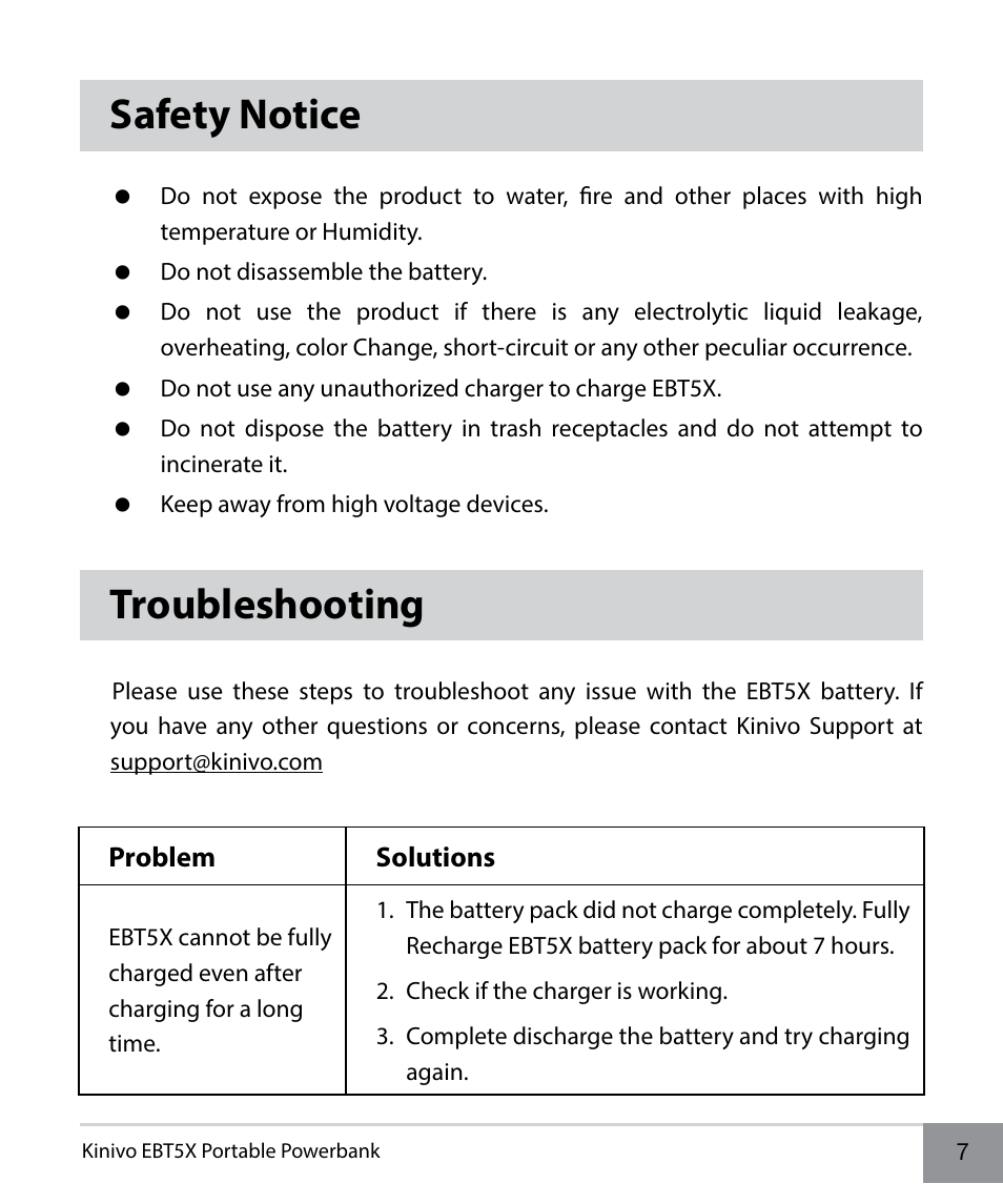 Safety notice, Troubleshooting | Kinivo EBT5X Portable Powerbank EN User Manual | Page 7 / 10