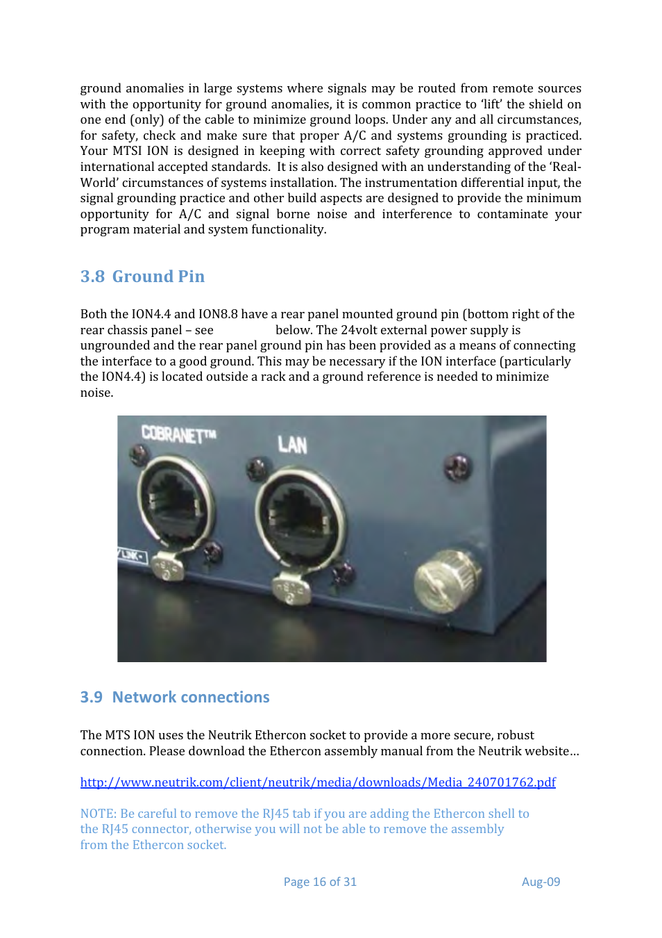 8 ground pin, 9 network connections | Media Technology Systems ION8.8 User Manual | Page 16 / 31