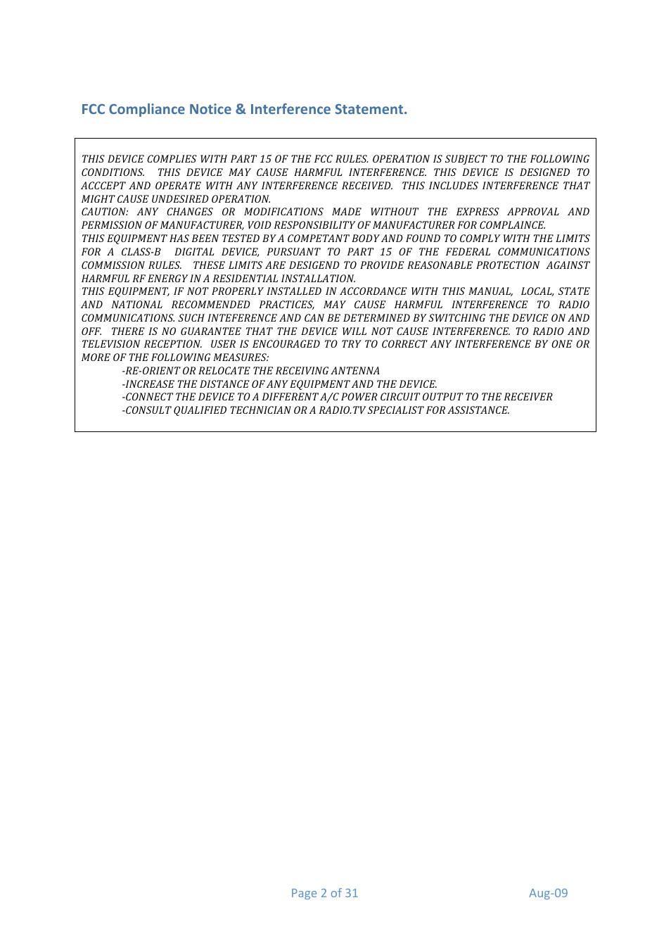 Fcc compliance notice & interference statement | Media Technology Systems ION8.8 User Manual | Page 2 / 31