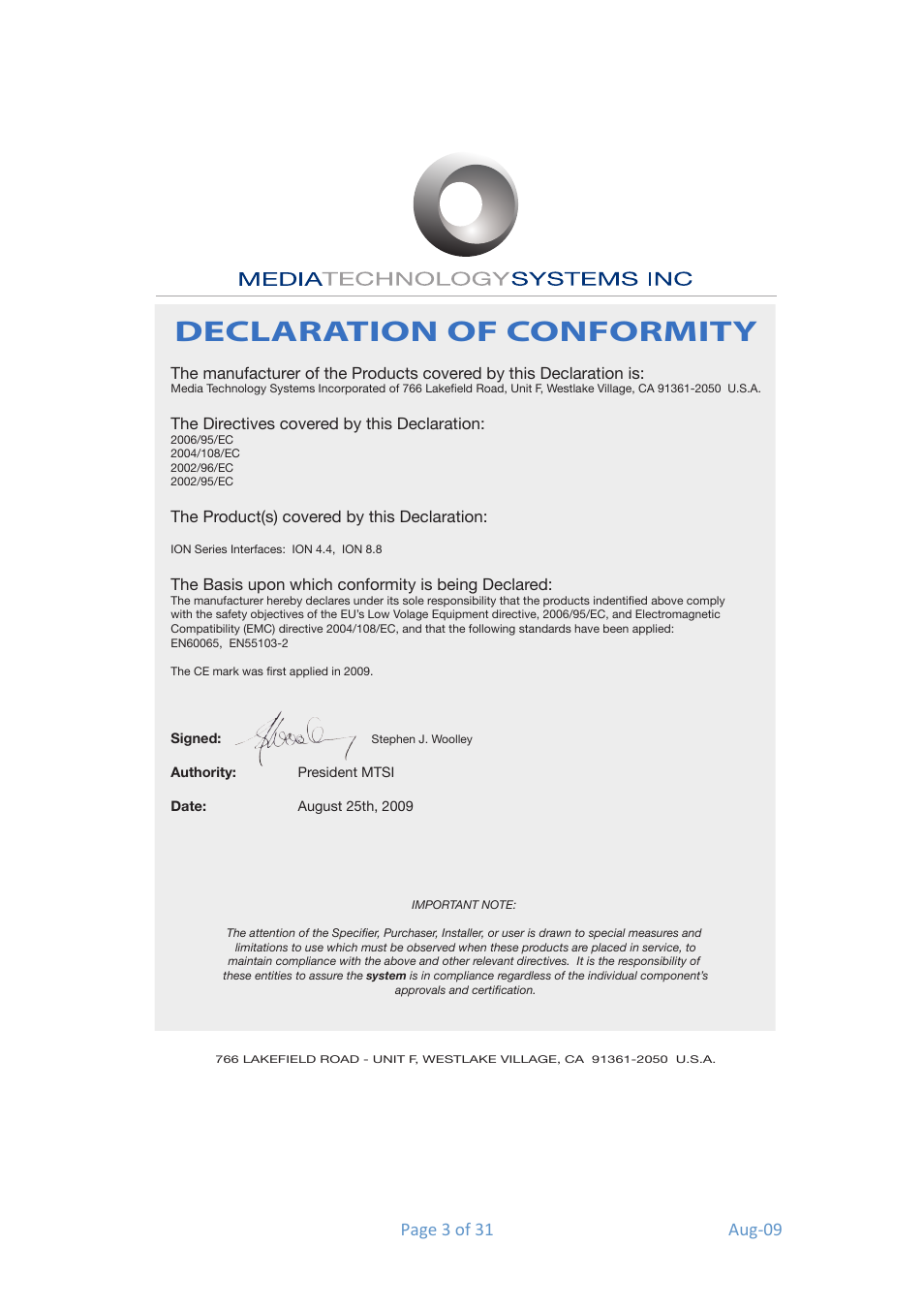 Declaration of conformity | Media Technology Systems ION8.8 User Manual | Page 3 / 31