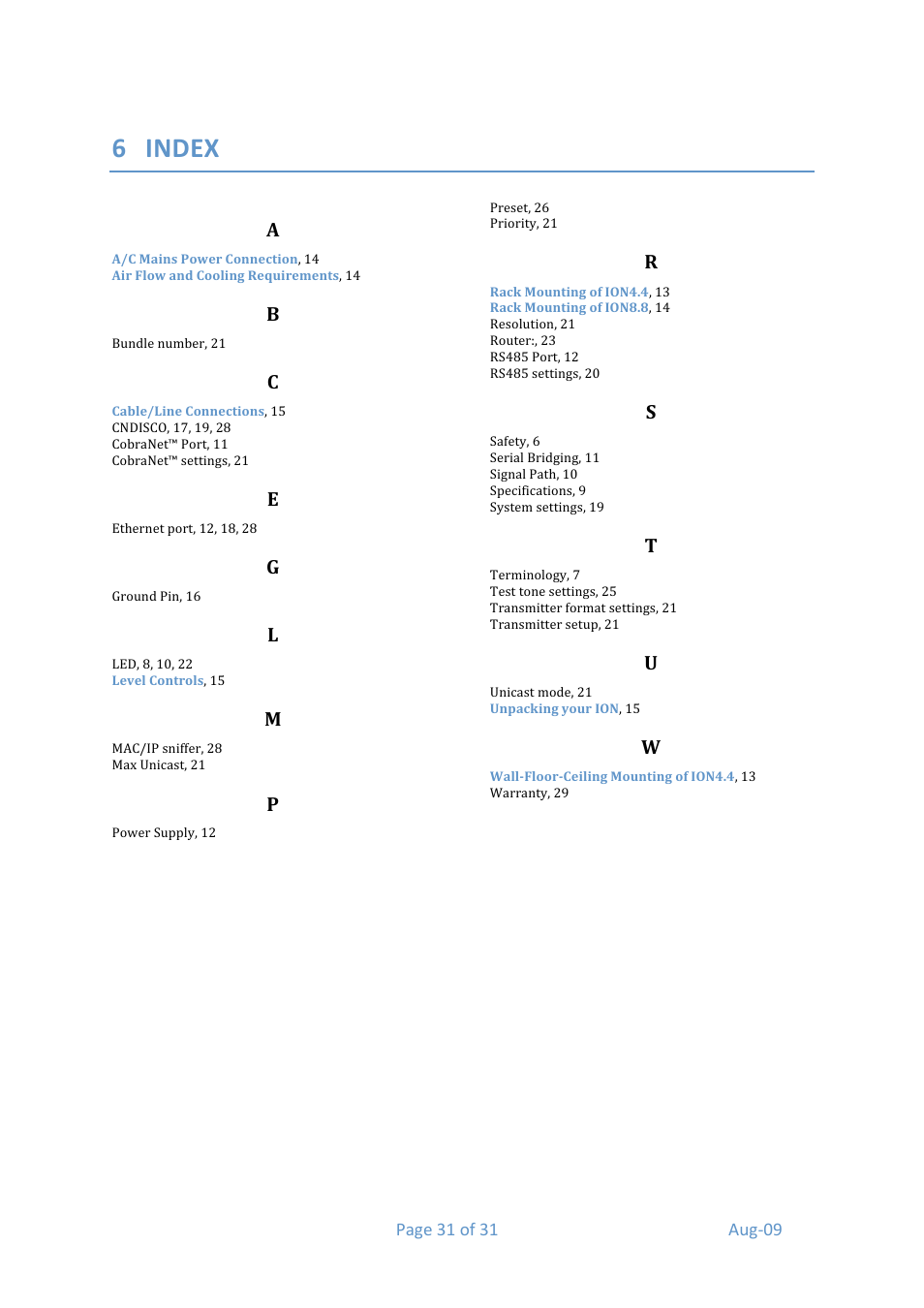 6 index | Media Technology Systems ION8.8 User Manual | Page 31 / 31