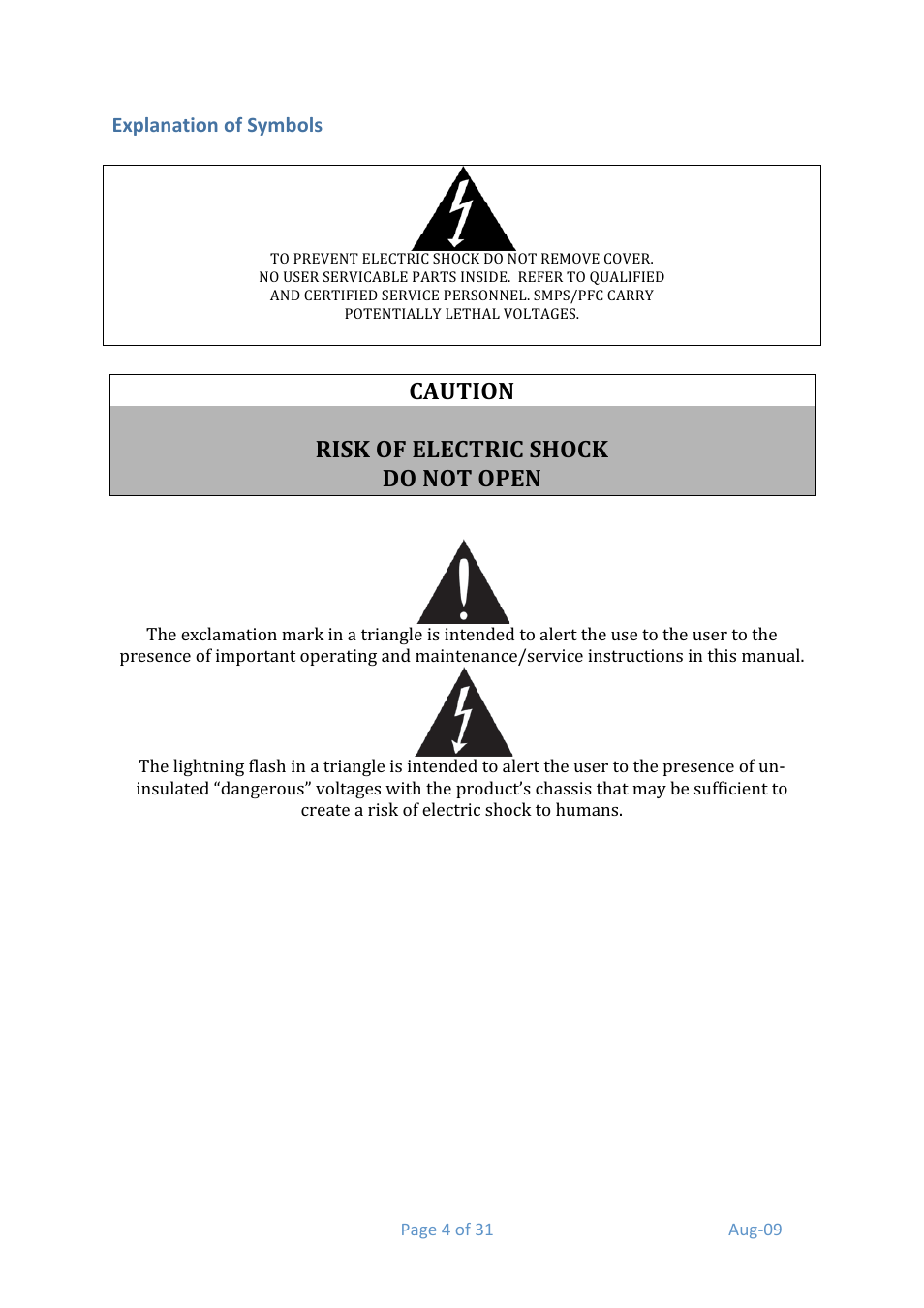 Caution risk of electric shock do not open | Media Technology Systems ION8.8 User Manual | Page 4 / 31