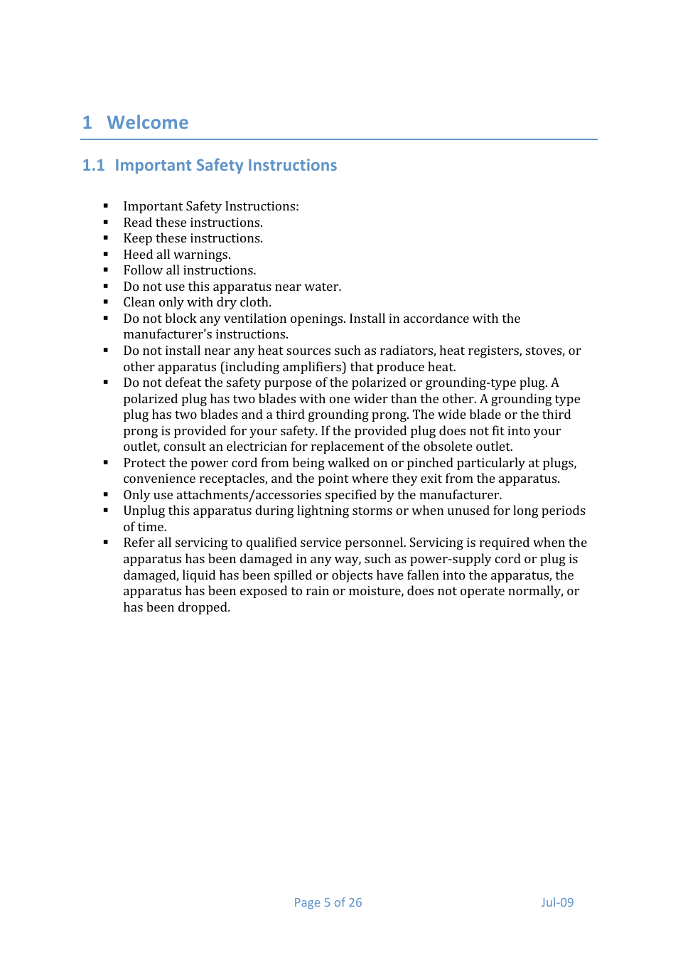 1 welcome, 1 important safety instructions | Media Technology Systems ION8.8 User Manual | Page 5 / 26