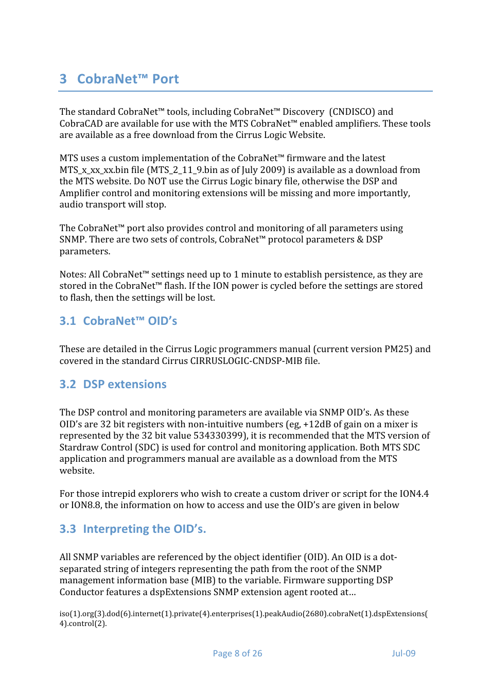 3 cobranet™ port, 1 cobranet™ oid’s, 2 dsp extensions | 3 interpreting the oid’s | Media Technology Systems ION8.8 User Manual | Page 8 / 26