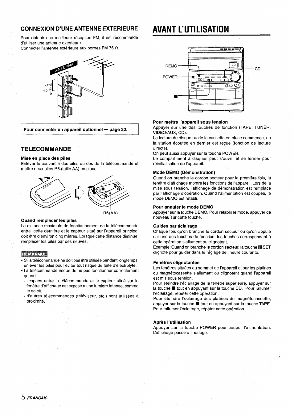Telecommande, Mise en place des piles, Quand remplacer les piles | Pour mettre l’appareil sous tension, Pour annuler le mode demo, Guides par éclairage, Fenêtres clignotantes, Après l’utilisation, Avant l’utilisation, Connexion d’une antenne exterieure | Aiwa NSX-AV800 User Manual | Page 58 / 80