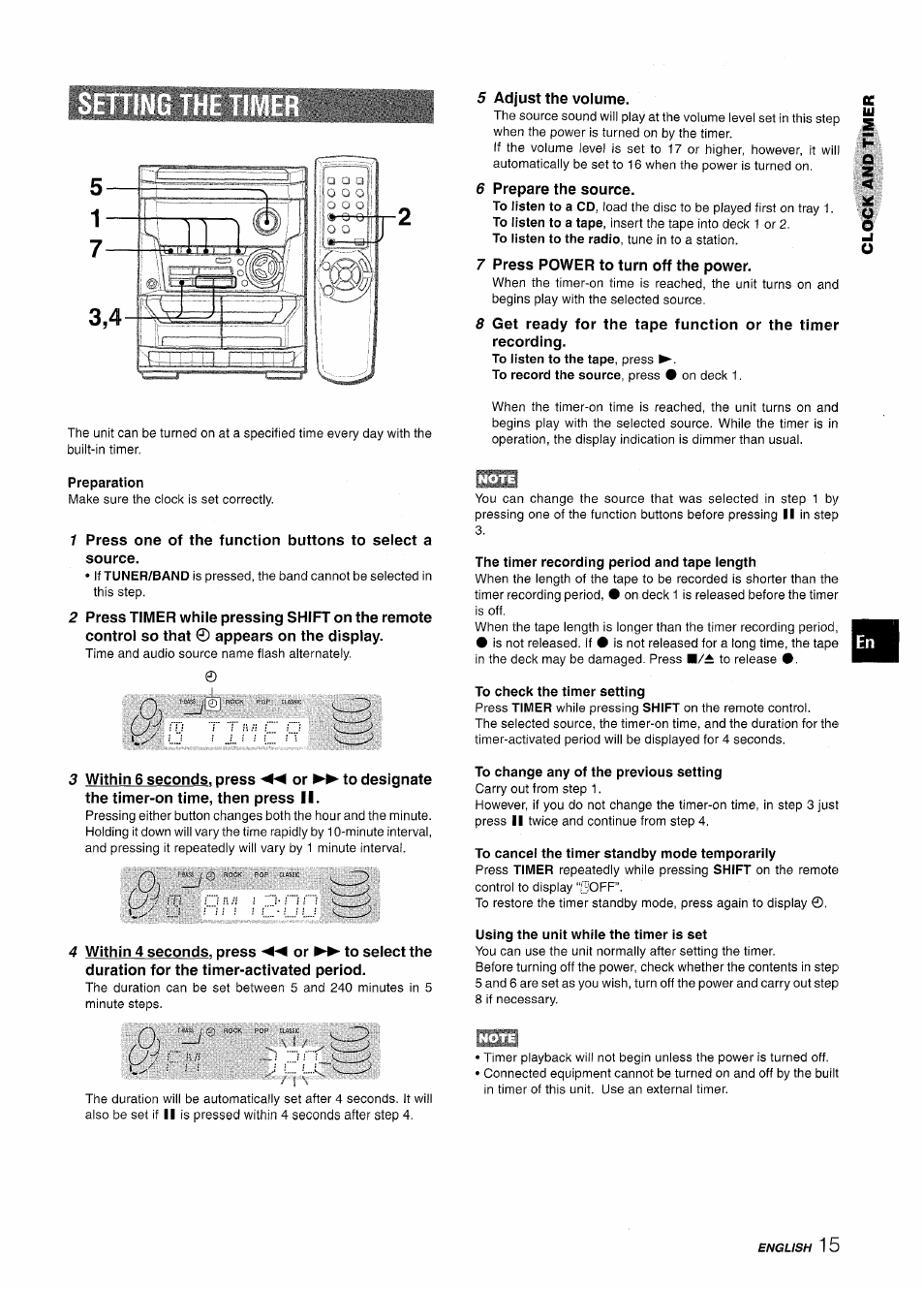 Preparation, The timer recording period and tape length, To check the timer setting | To change any of the previous setting, To cancel the timer standby mode temporarily, Using the unit while the timer is set | Aiwa NSX-A111 User Manual | Page 15 / 56