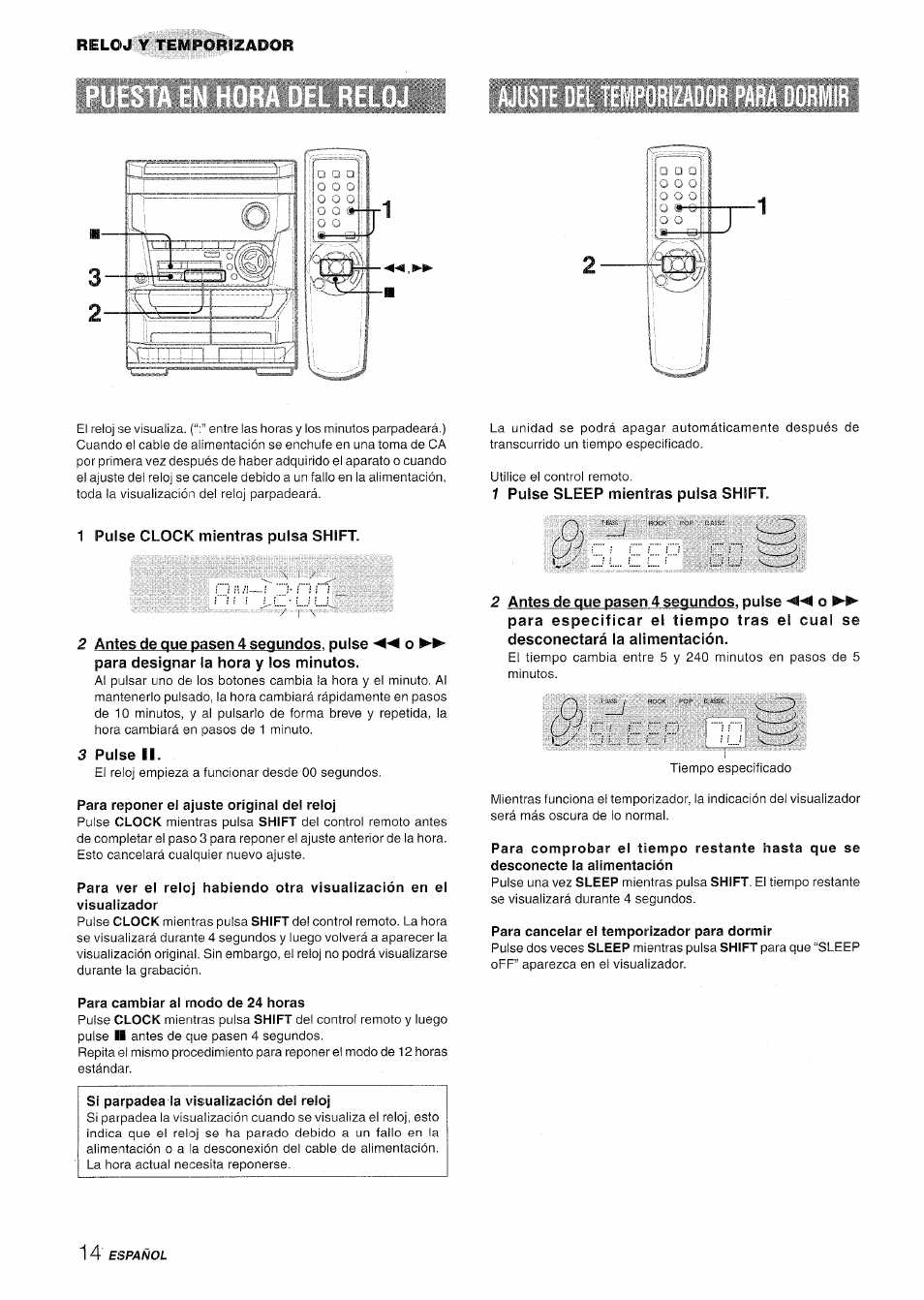 1 pulse clock mientras pulsa shift, 3 pulse ii, Para cambiar al modo de 24 horas | Si parpadea la visualización del reloj, 1 pulse sleep mientras pulsa shift, Para cancelar ei temporizador para dormir | Aiwa NSX-A111 User Manual | Page 32 / 56