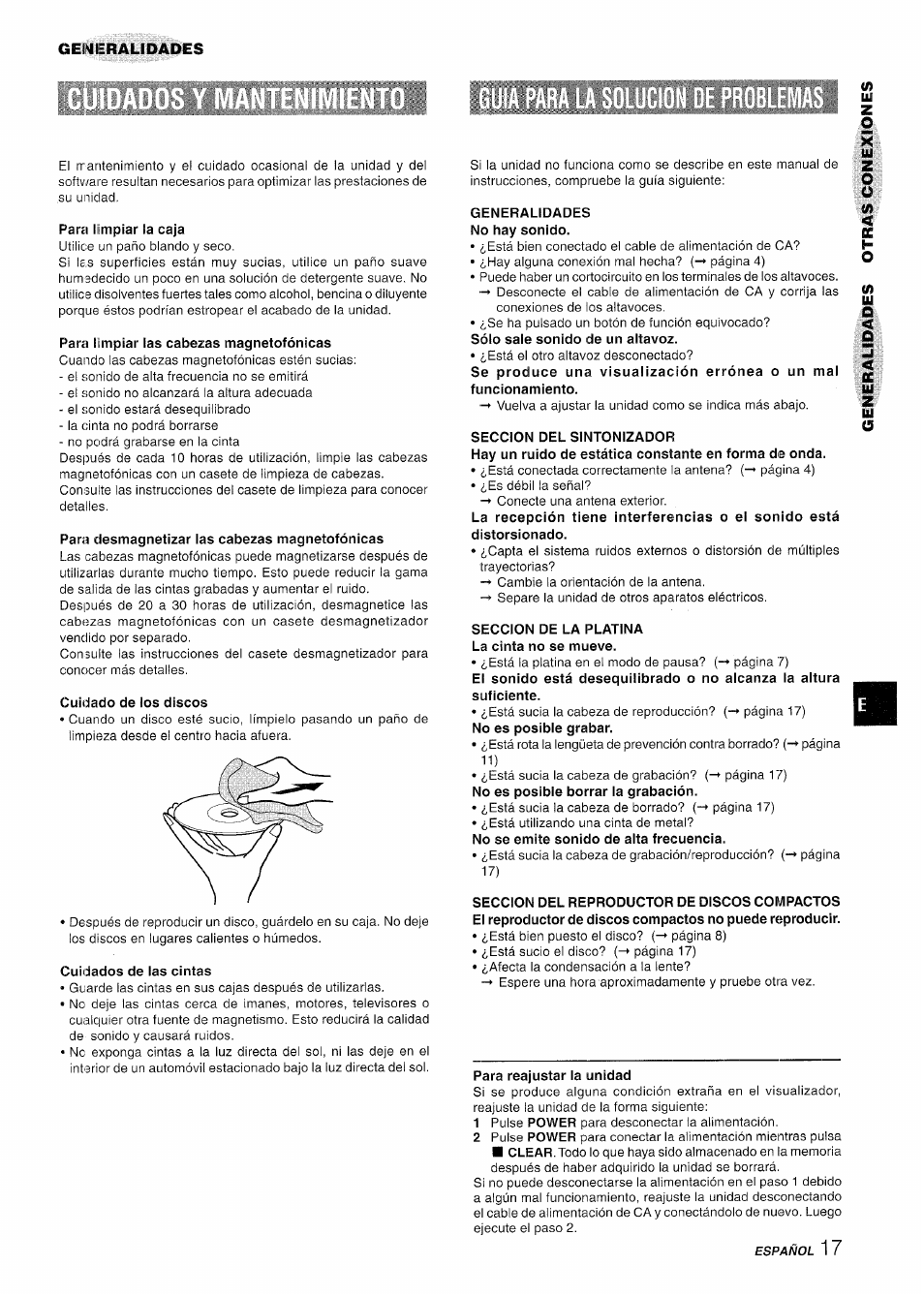 Para limpiar la caja, Para limpiar las cabezas magnetofónicas, Para desmagnetizar las cabezas magnetofónicas | Cuidado de los discos, Cuidados de las cintas, Generalidades no hay sonido, Seccion del sintonizador, Seccion de la platina la cinta no se mueve, Para reajustar la unidad | Aiwa NSX-A111 User Manual | Page 35 / 56