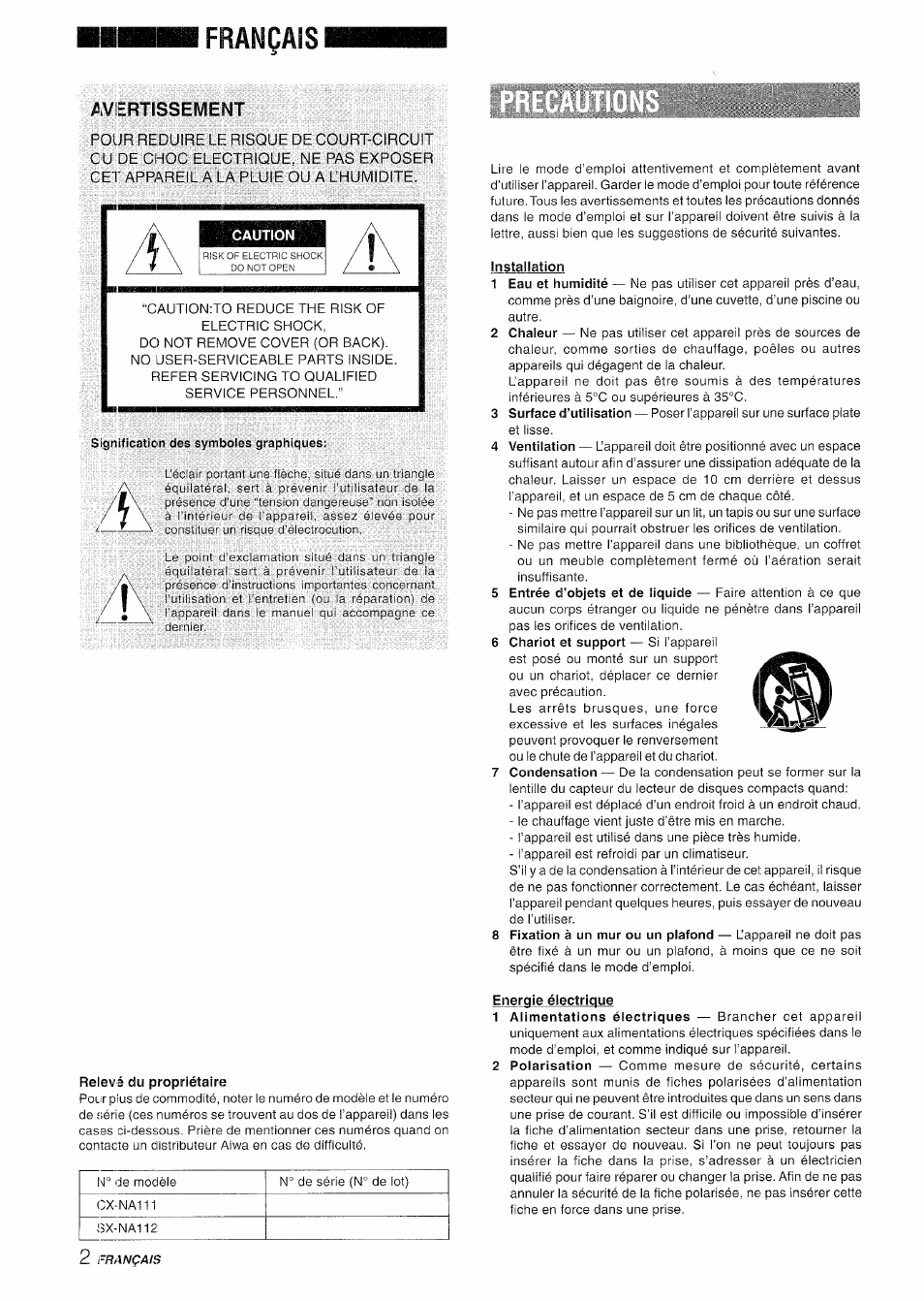 Avertissement, Installation, Relevé du propriétaire | Energie électrique, Français | Aiwa NSX-A111 User Manual | Page 38 / 56