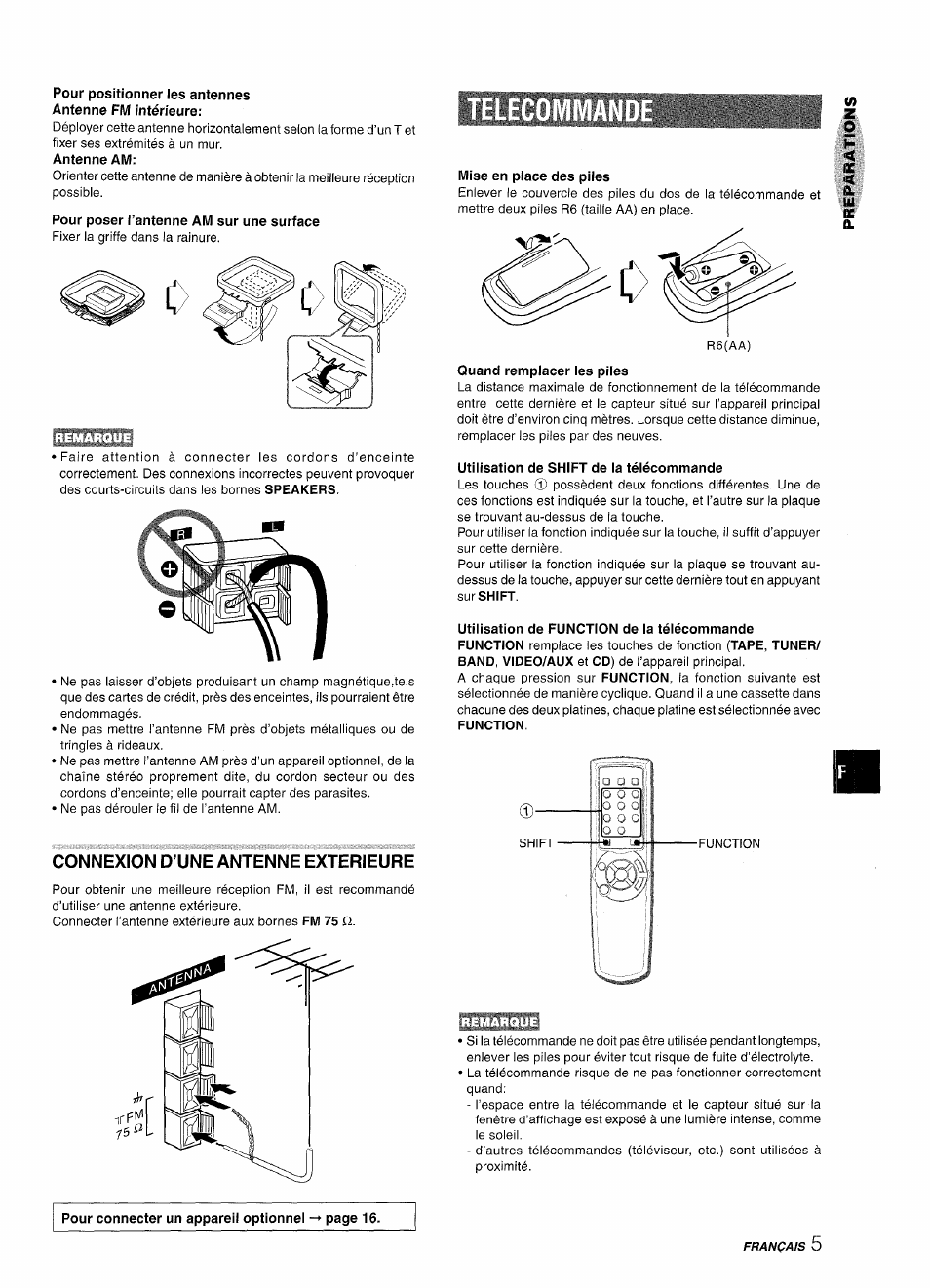 Antenne am, Pour poser l’antenne am sur une surface, Connexion d’une antenne exterieure | Mise en place des piles, Quand remplacer les piles, Utilisation de shift de la télécommande | Aiwa NSX-A111 User Manual | Page 41 / 56