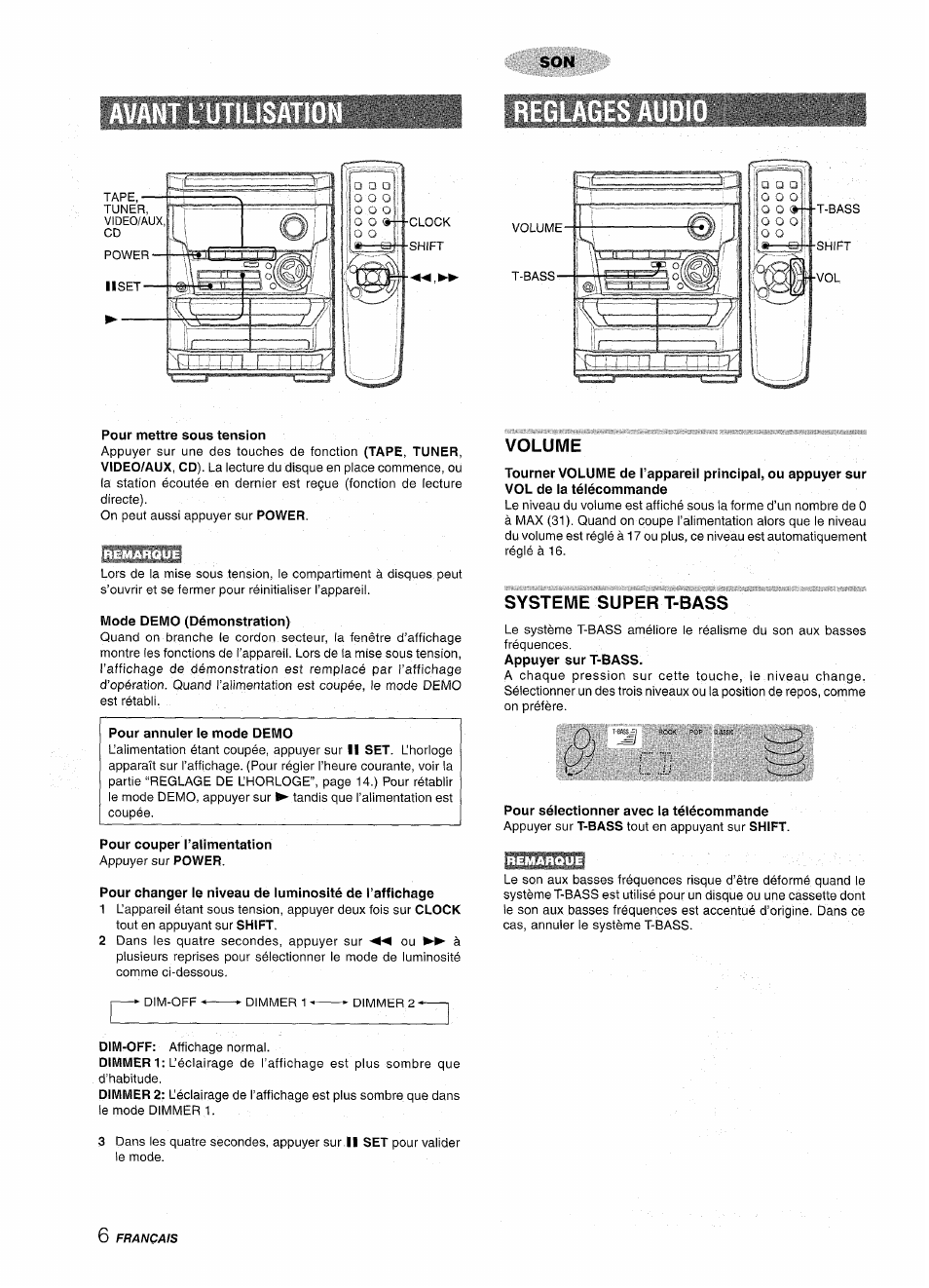 Pour mettre sous tension, Mode demo (démonstration), Pour annuler le mode demo | Pour couper l’alimentation, Volume, Systeme super t-bass, Pour sélectionner avec la télécommande | Aiwa NSX-A111 User Manual | Page 42 / 56