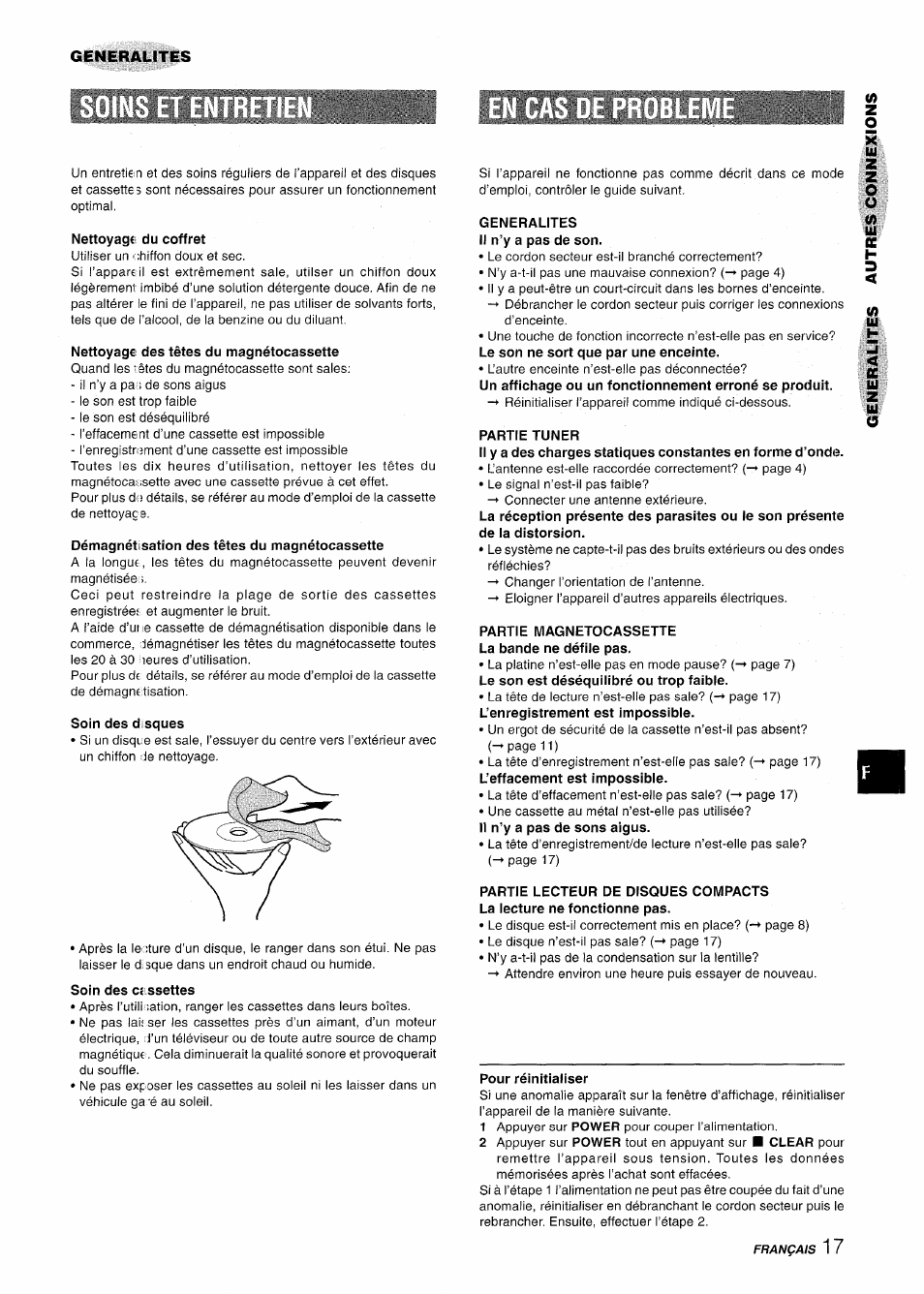 Nettoyage du coffret, Nettoyage des têtes du magnétocassette, Démagnétisation des têtes du magnétocassette | Soin des d sques, Soin des ci ssettes, Generalites il n’y a pas de son, Partie tuner, Partie magnetocassette la bande ne défile pas, Pour réinitialiser | Aiwa NSX-A111 User Manual | Page 53 / 56