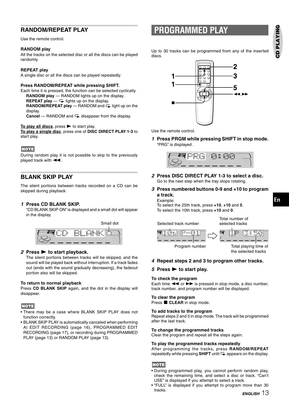 Programmed play, Random/repeat play, Blank skip play | Aiwa CX-NAJ54 User Manual | Page 13 / 68