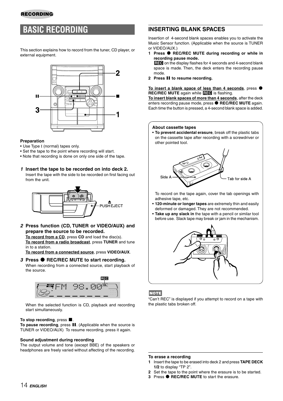 Basic recording, Inserting blank spaces | Aiwa CX-NAJ54 User Manual | Page 14 / 68