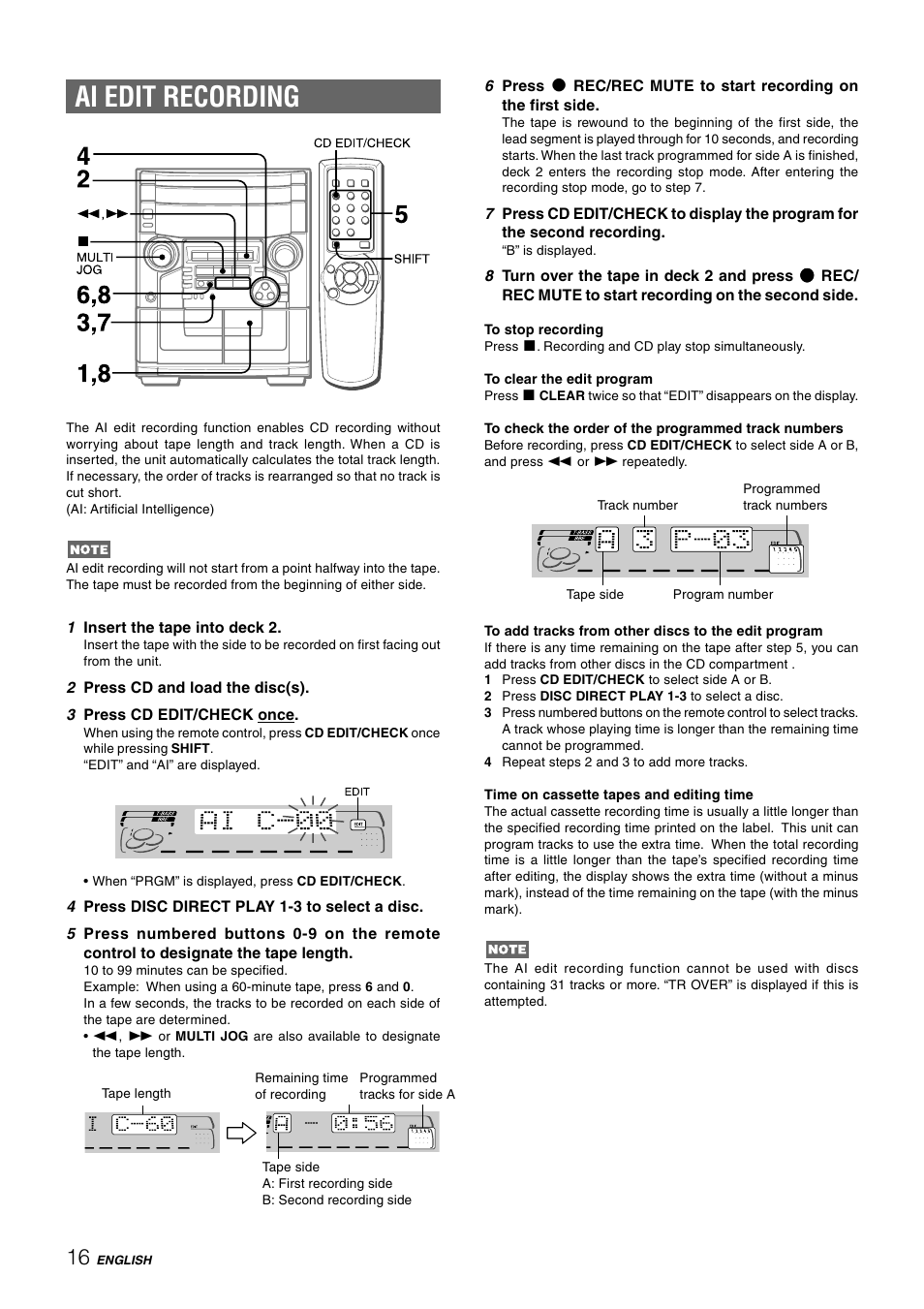 Ai edit recording | Aiwa CX-NAJ54 User Manual | Page 16 / 68