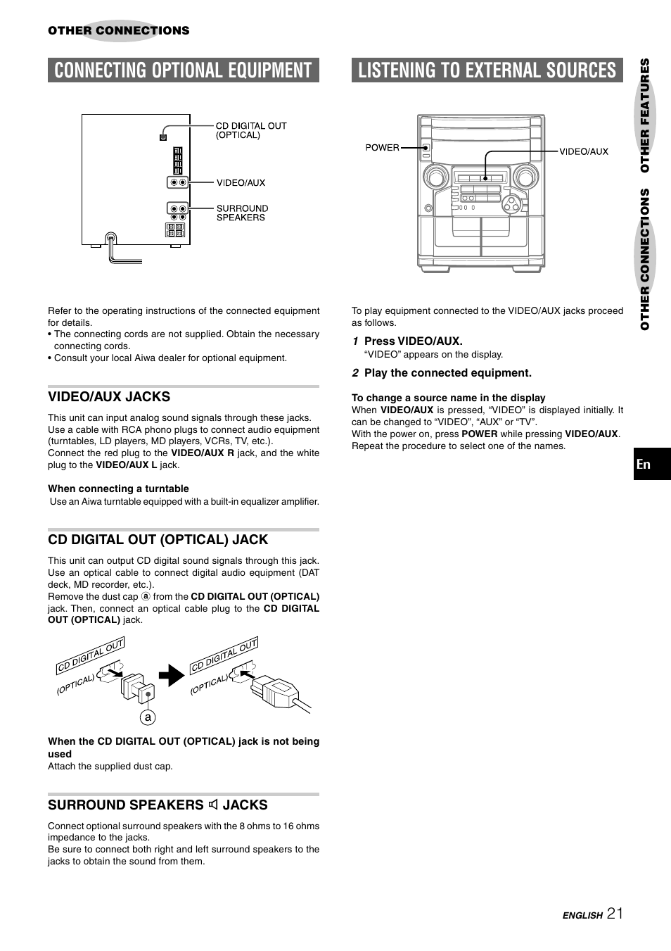 Connecting optional equipment, Listening to external sources | Aiwa CX-NAJ54 User Manual | Page 21 / 68