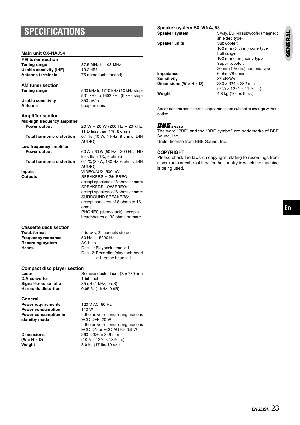 Specifications, General | Aiwa CX-NAJ54 User Manual | Page 23 / 68