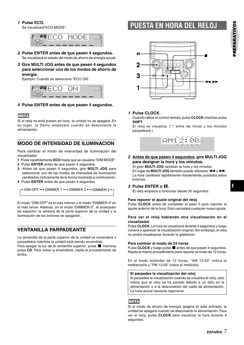 Puesta en hora del reloj, Modo de intensidad de iluminacion, Ventanilla parpadeante | Aiwa CX-NAJ54 User Manual | Page 30 / 68