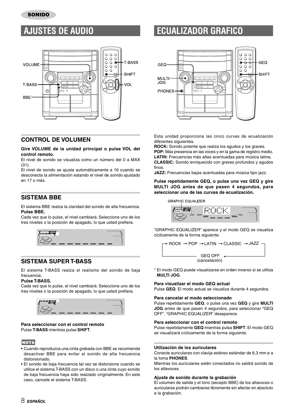 Ajustes de audio, Ecualizador grafico, Control de volumen | Sistema bbe, Sistema super t-bass | Aiwa CX-NAJ54 User Manual | Page 31 / 68
