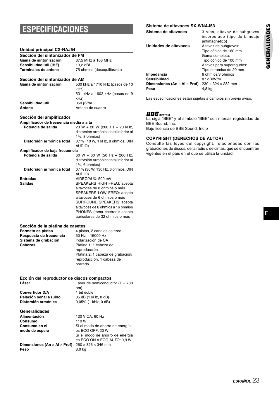 Especificaciones | Aiwa CX-NAJ54 User Manual | Page 46 / 68